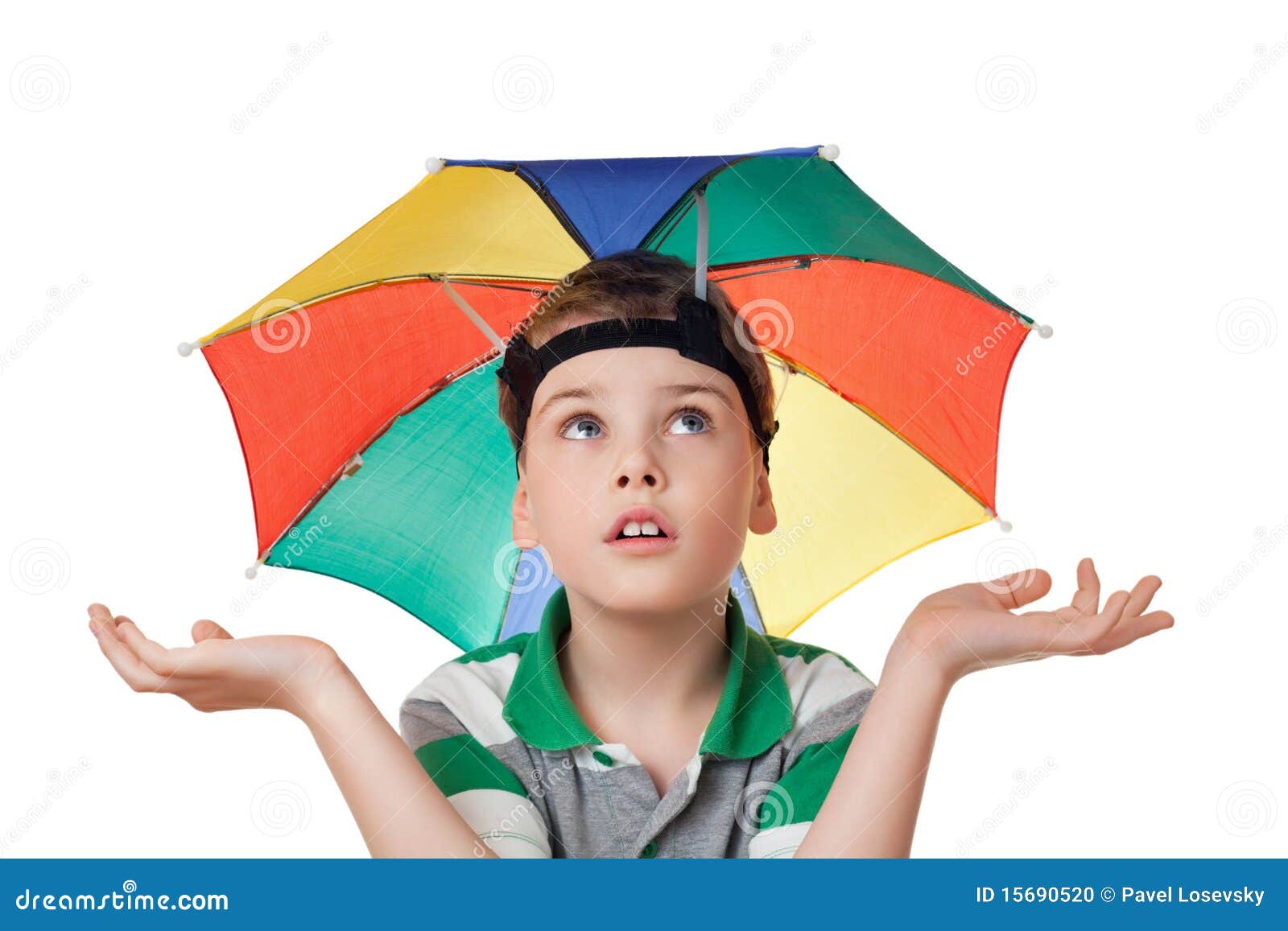 boy with umbrella on head spread hands aside