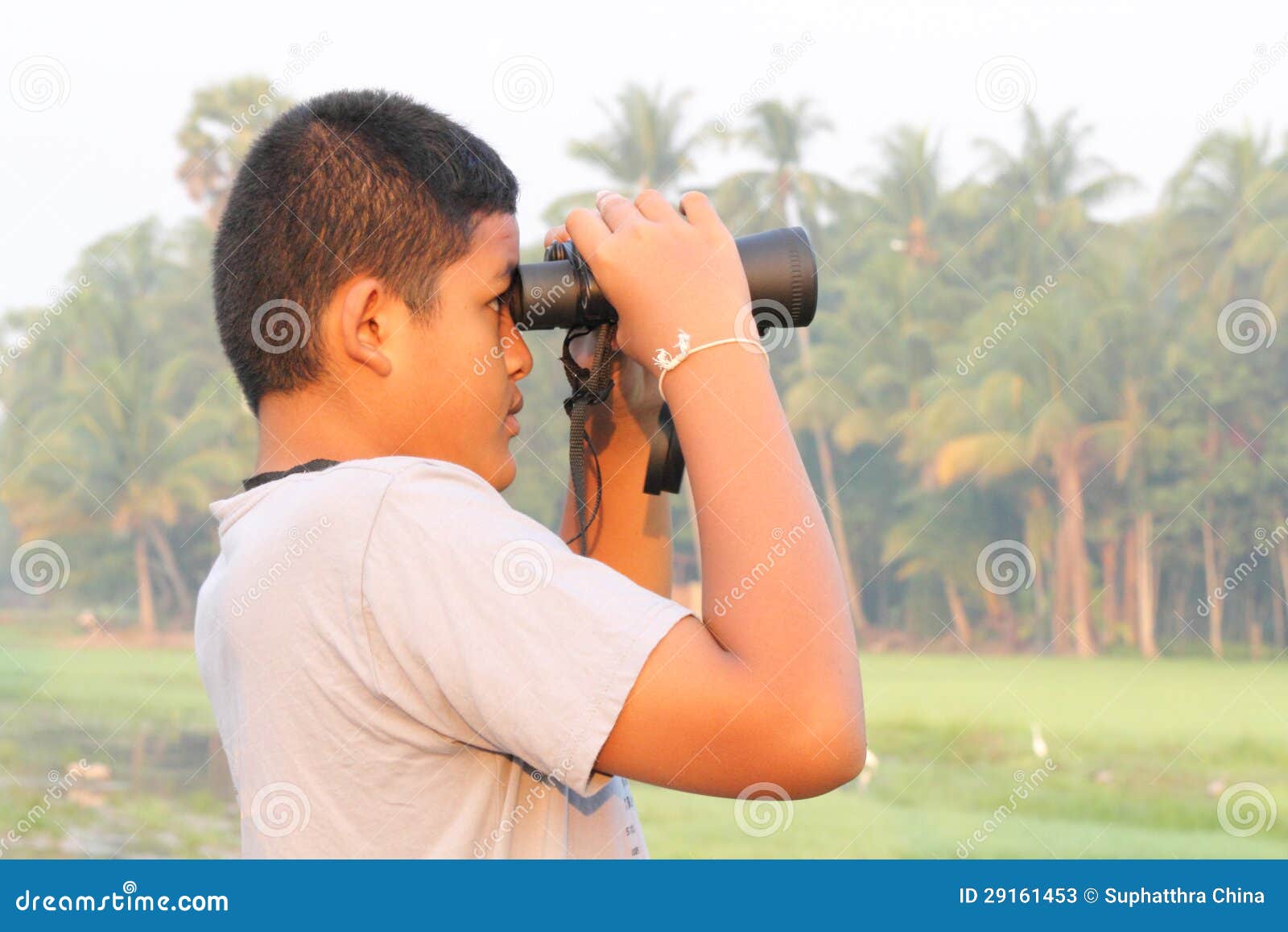 Using Binoculars Looking The Nature Boy Using Binoculars Looking The Nature Stock Image