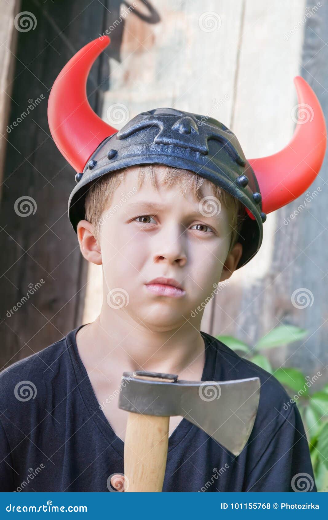 Boy in Viking Helmet with Horns Stock Photo Image of child, helmet