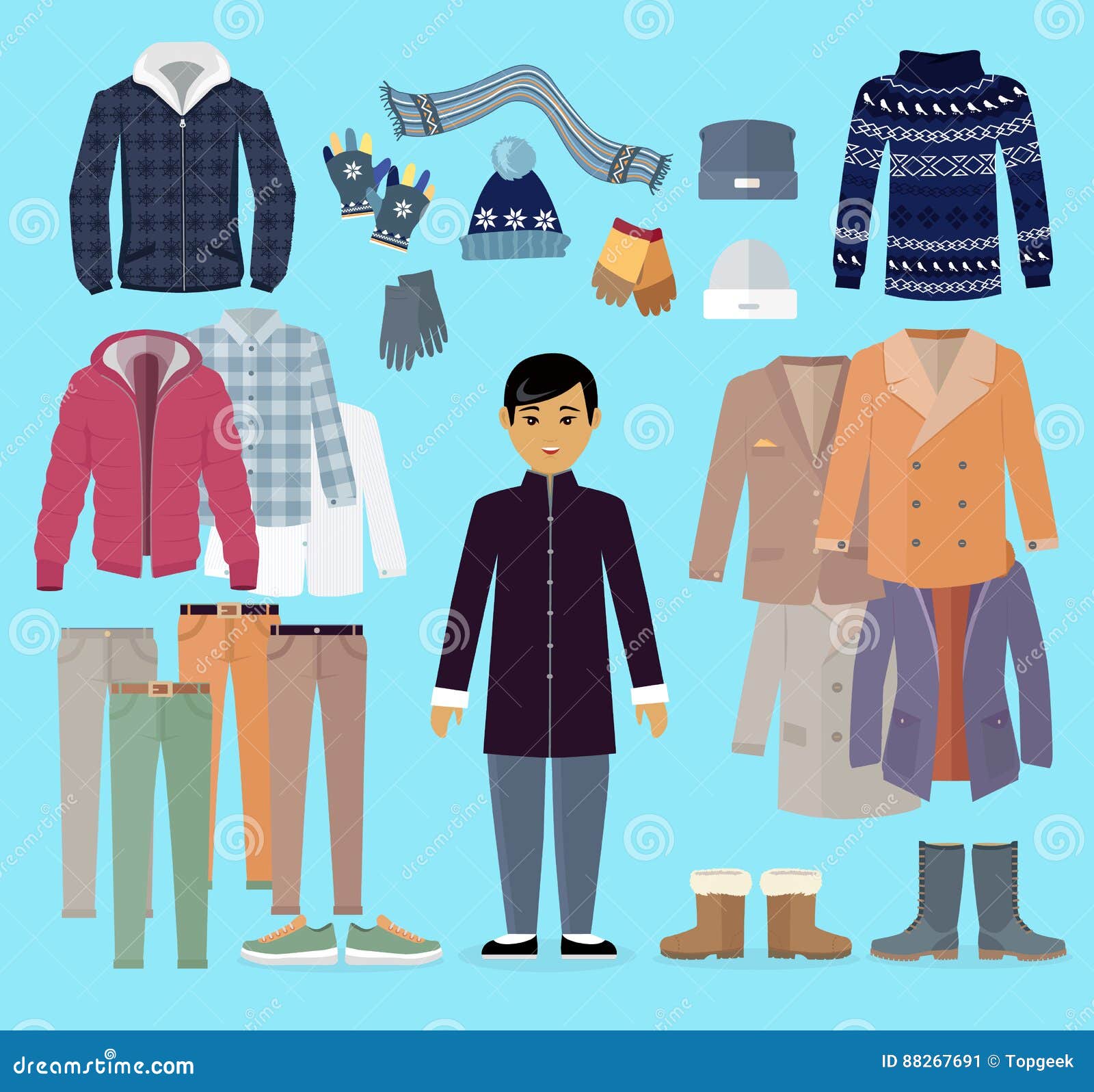 Boy in Warm Clothes Stands in Centre on Blue. Stock Vector
