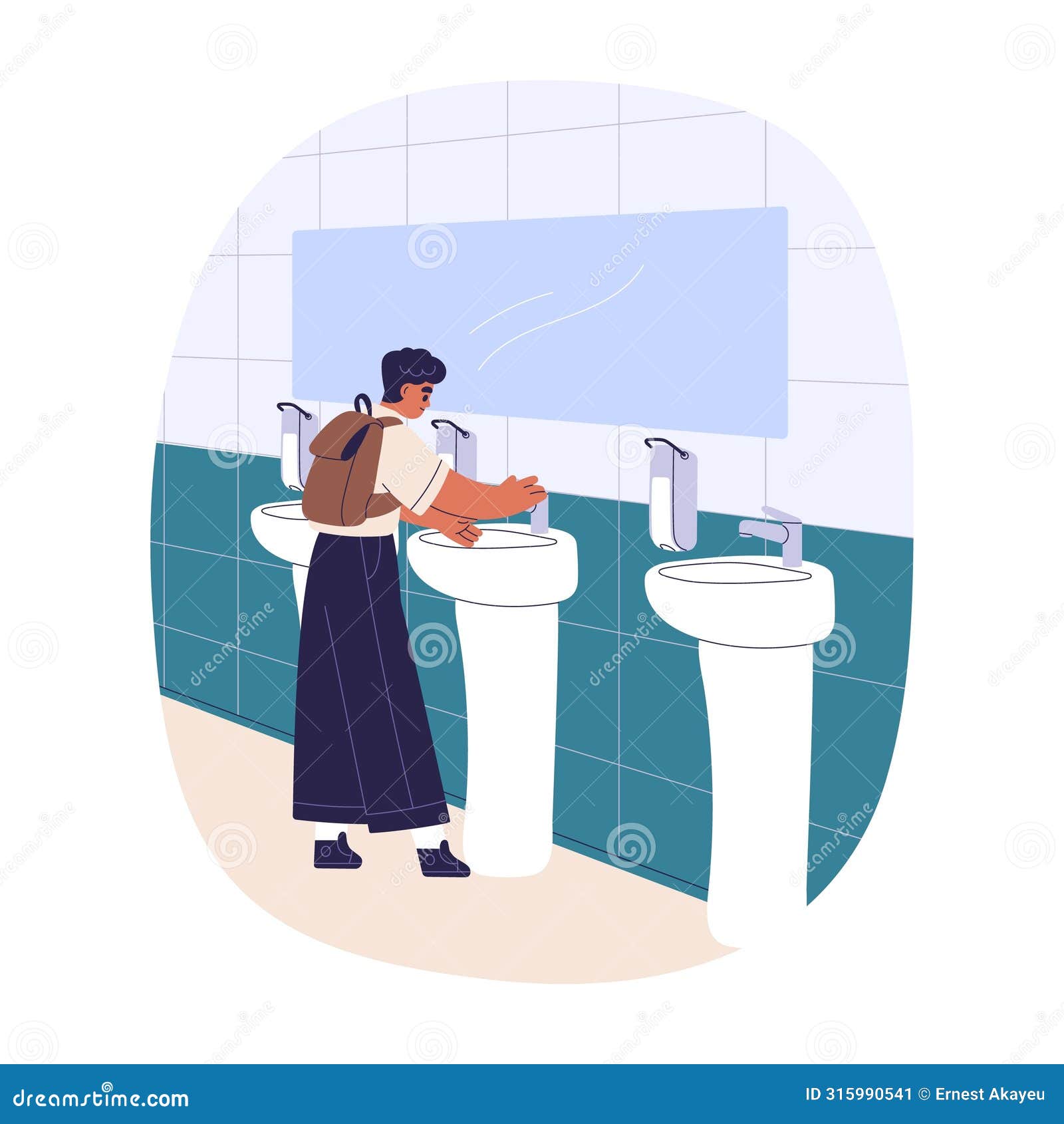 boy washing hand in public restroom, school wc. schoolchild, pupil standing at sink, washstand in toilet, closet