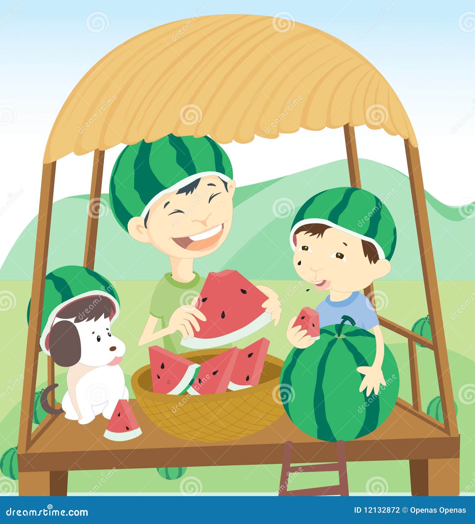 Boy with watermelon hat stock vector. Illustration of puppy 12132872