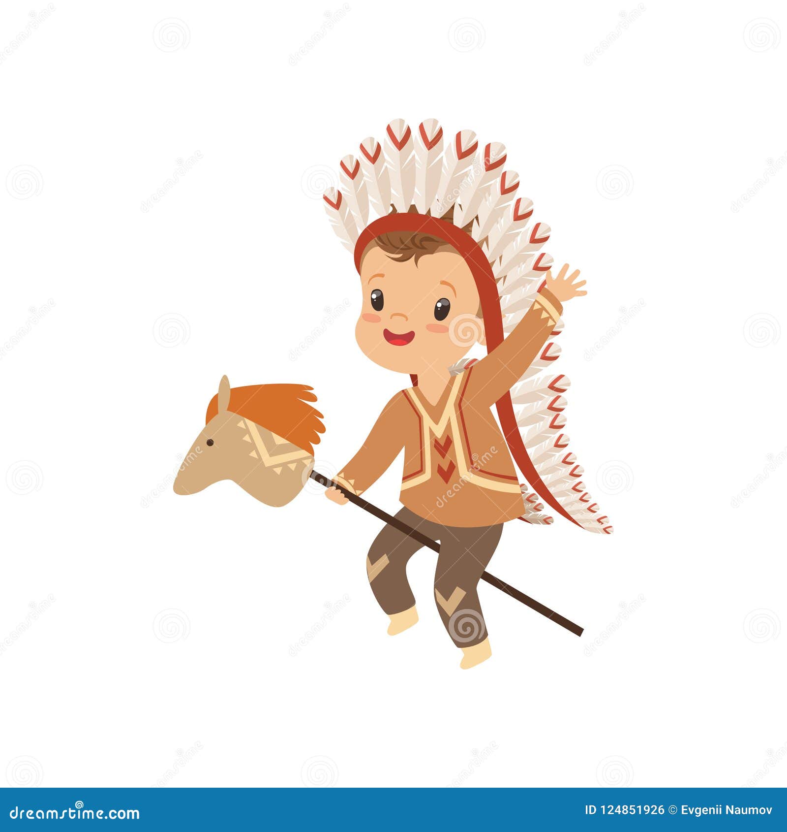 Boy Wearing Native Indian Costume and Headdress Riding Stick Horse, Kid ...