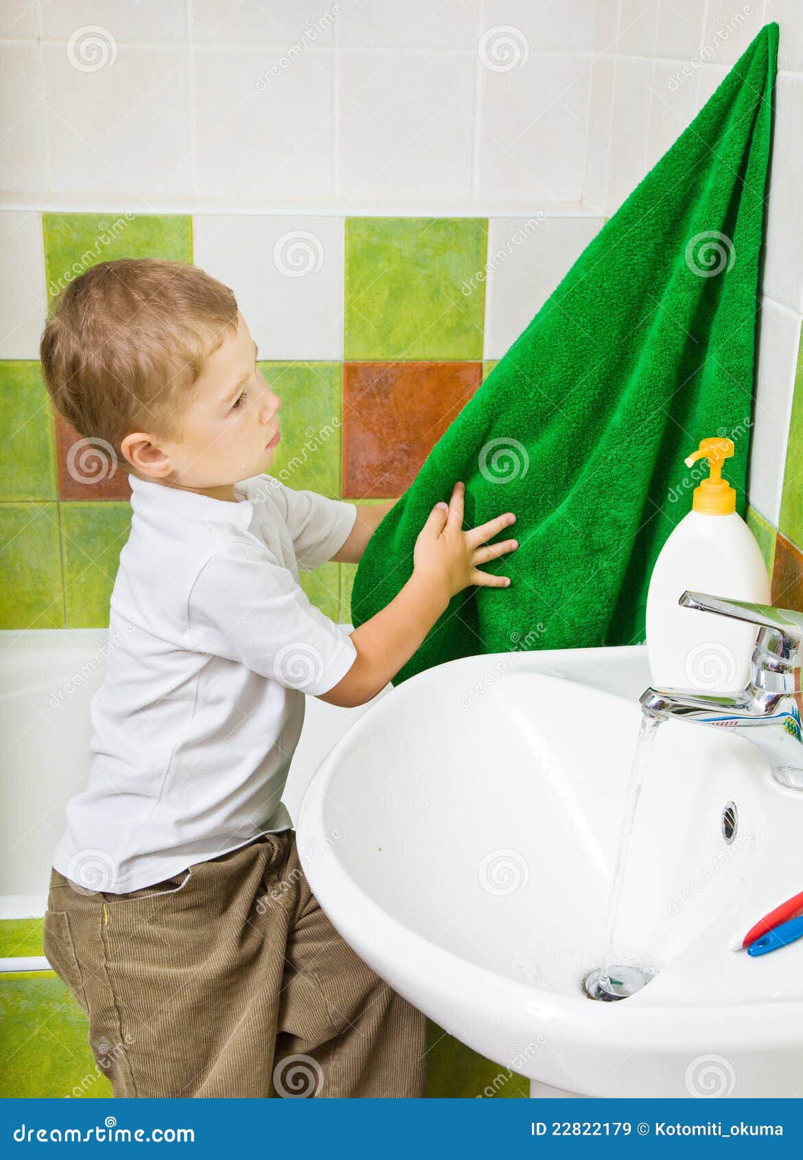 Boy Wipes Hands a Terry Towel after Washing Stock Image Image of