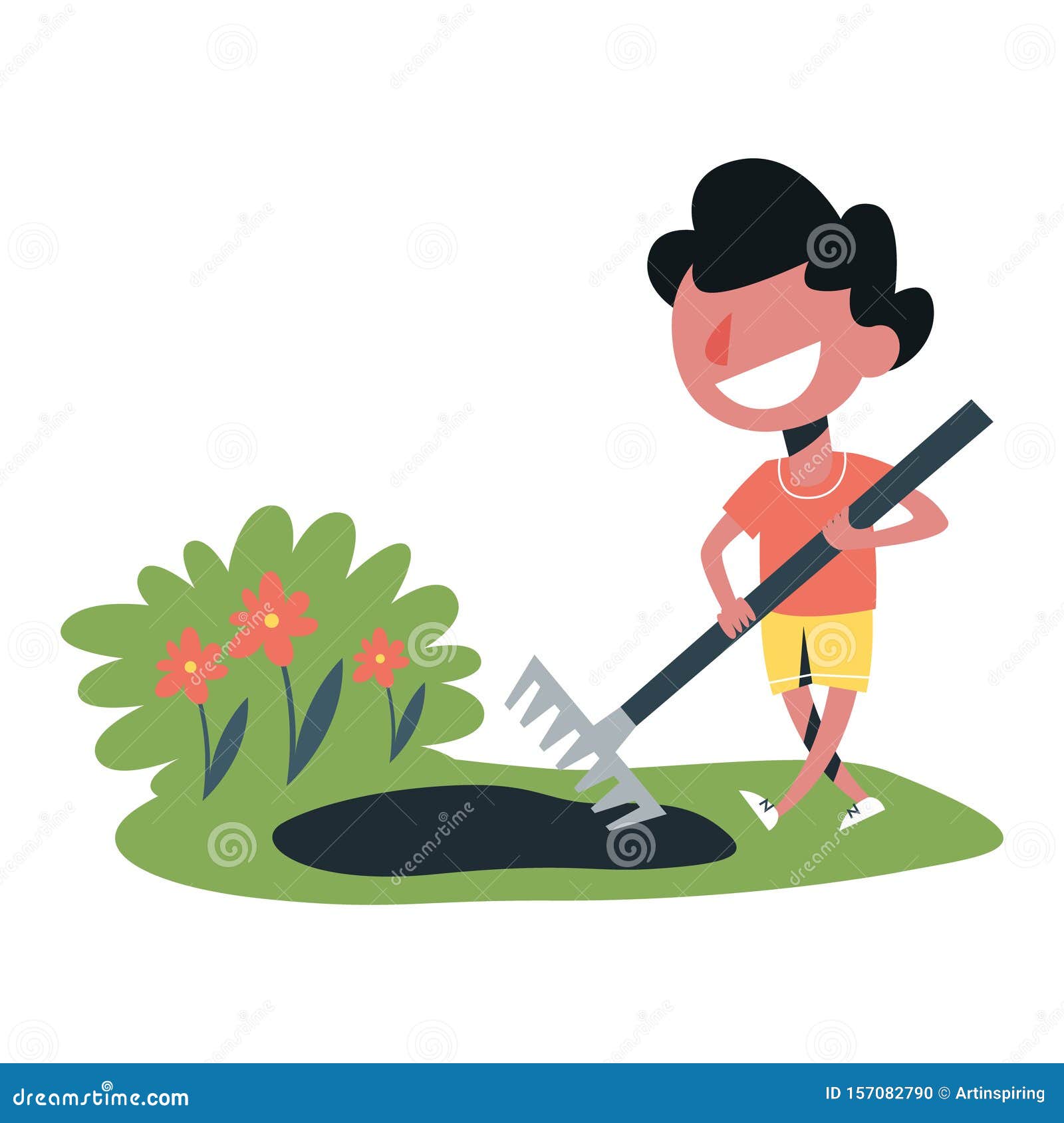 Boy Working in the Garden with Rake. Adorable Boy Gardening Stock ...