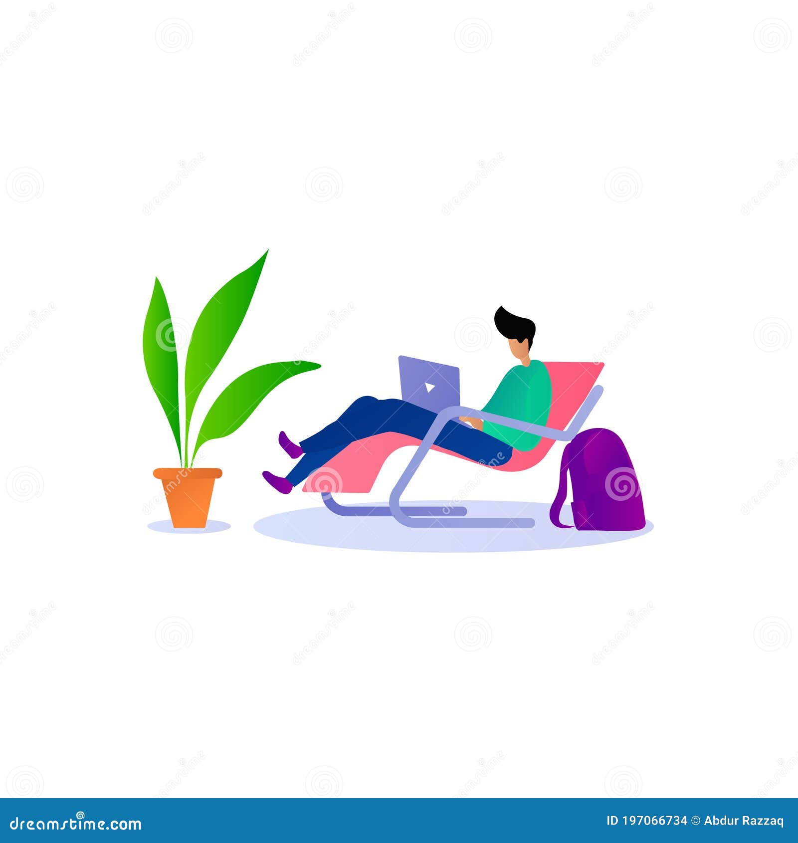 a boy working on laptop on laying relaxing chair, boy working on computer on fixable place, boy working on computer  c