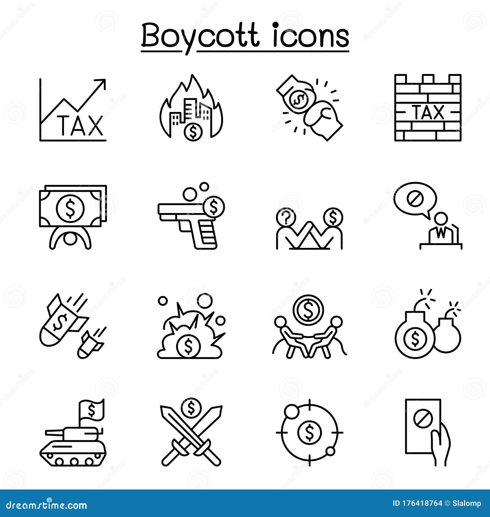 boycott, business war, trade war icon set in thin line style