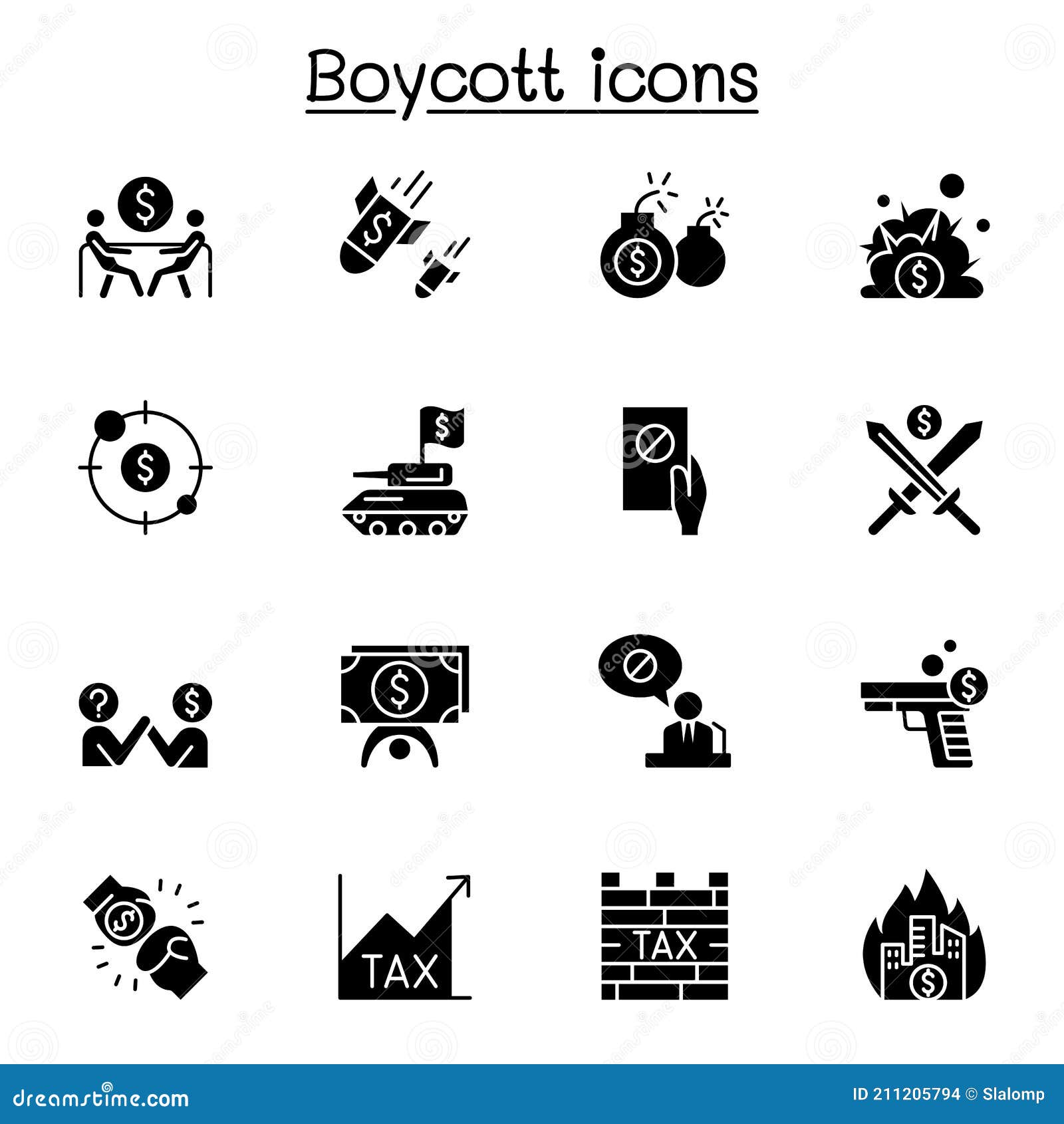 boycott, business war, trade war icon set   graphic 