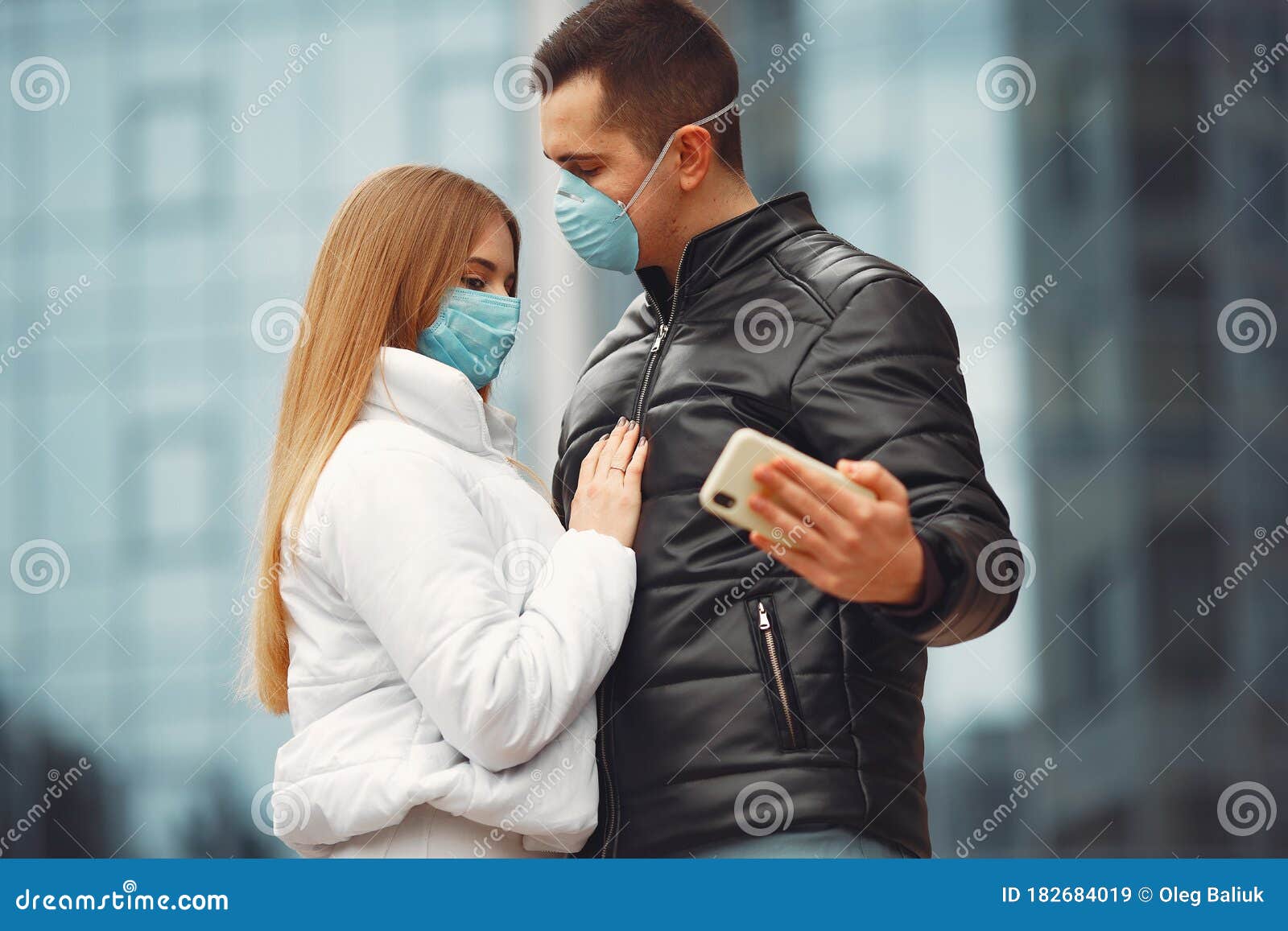 Boyfriend and Girlfriend are Making Selfie and Wearing Disposable Masks ...