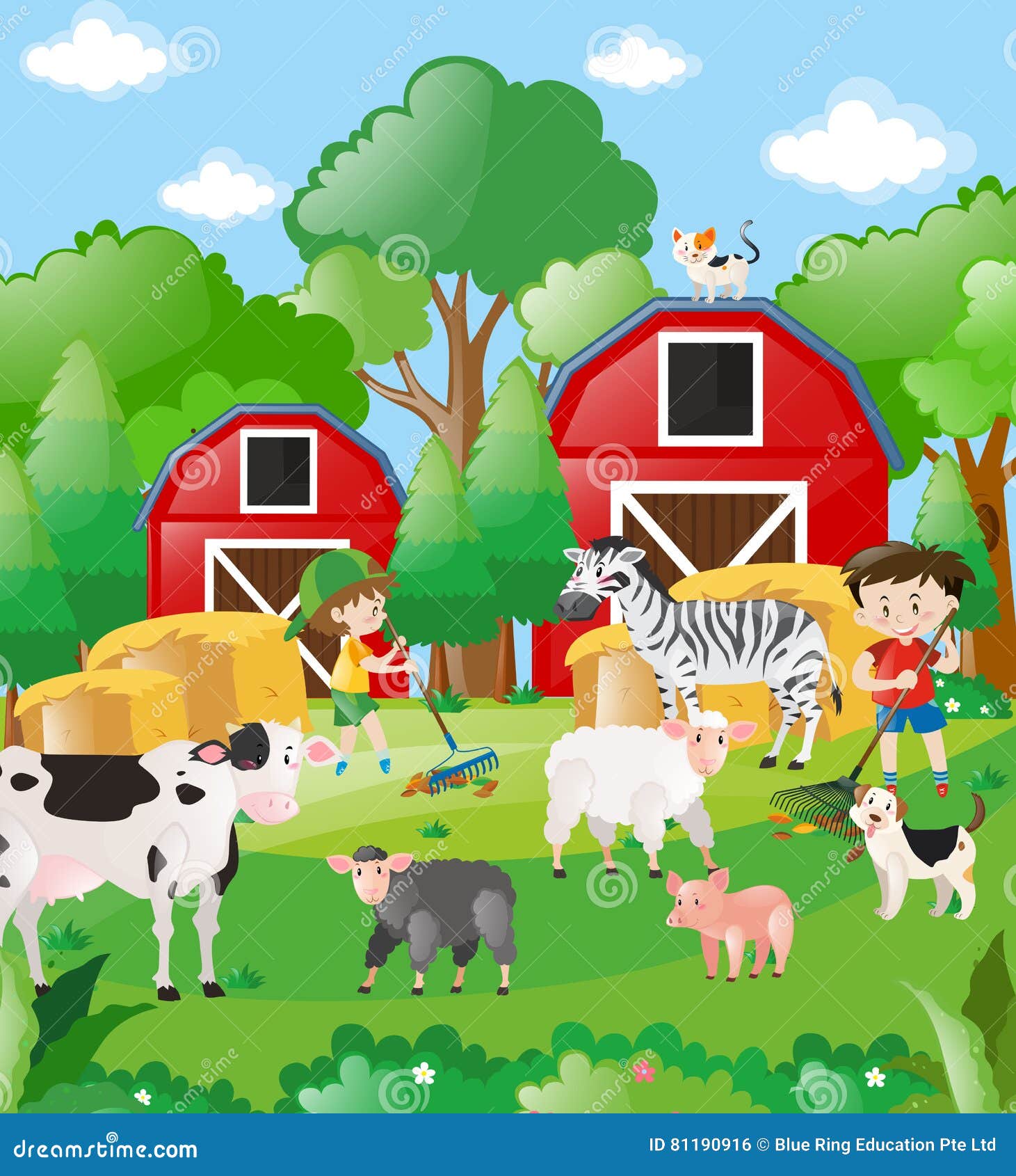 Boys and Farm Animals in the Field Stock Illustration Illustration of