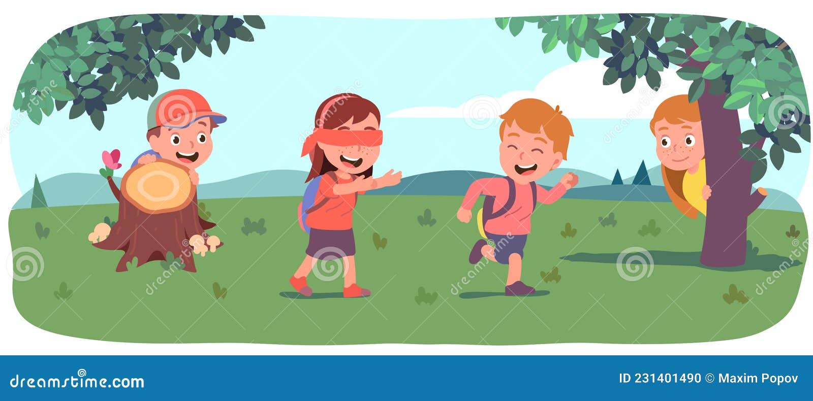 Vector illustration cartoon of children playing hide and seek in