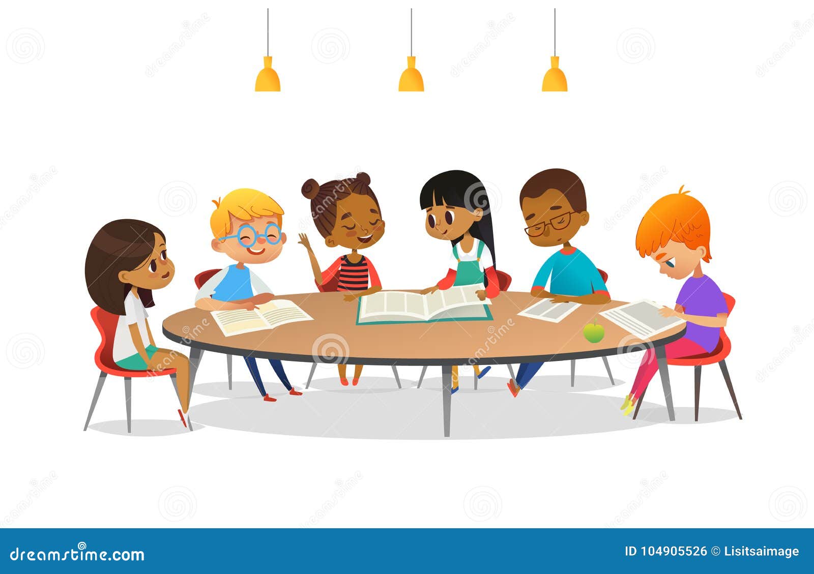 boys and girls sitting around round table, studying, reading books and discuss them. kids talking to each other at