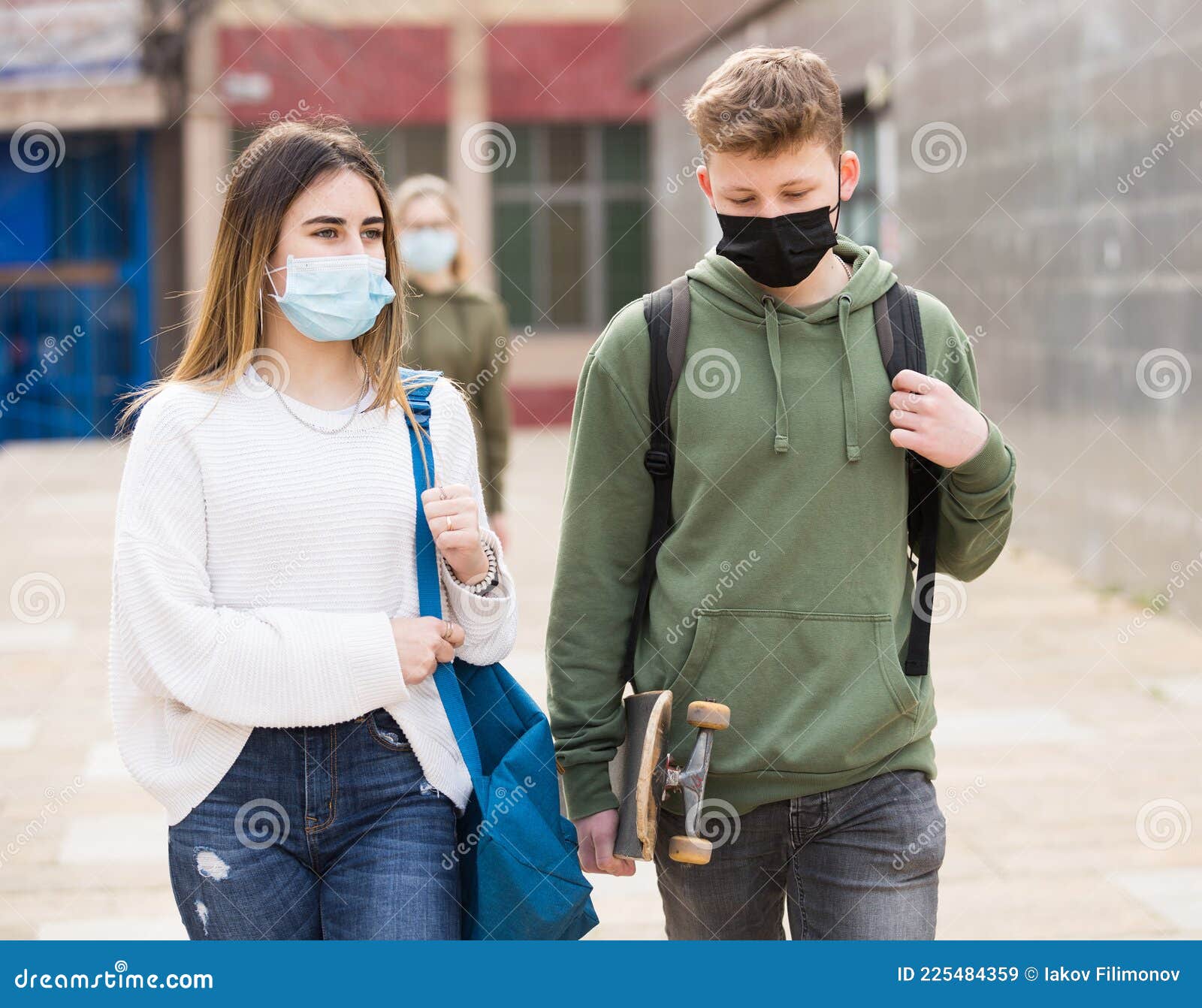 Teenagers in Masks Walking after Lessons Stock Image - Image of outdoor ...