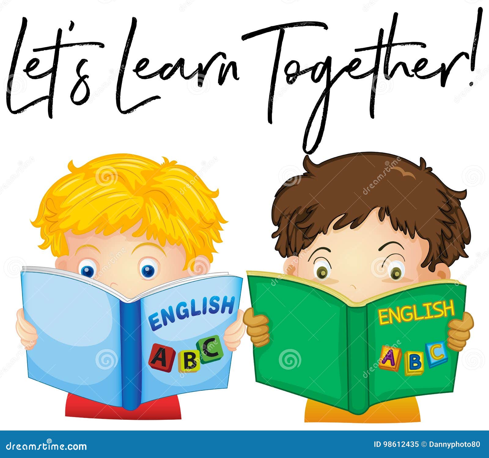 Boys Reading Book With Phrase Let`s Learn Together Stock Vector ...