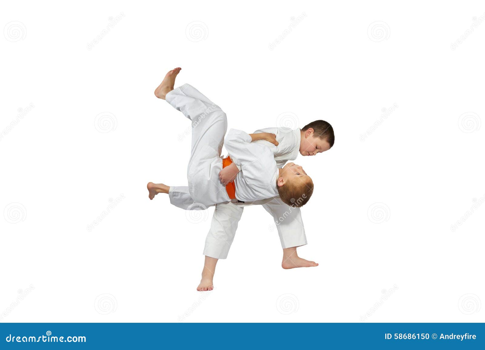 Boys Are Training Judo Throw On A White Background Stock Photo Image of strength, self 58686150