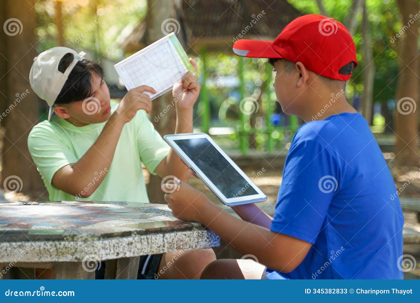 the boys used a clinometer to measure angles and take notes to calculate the height of trees