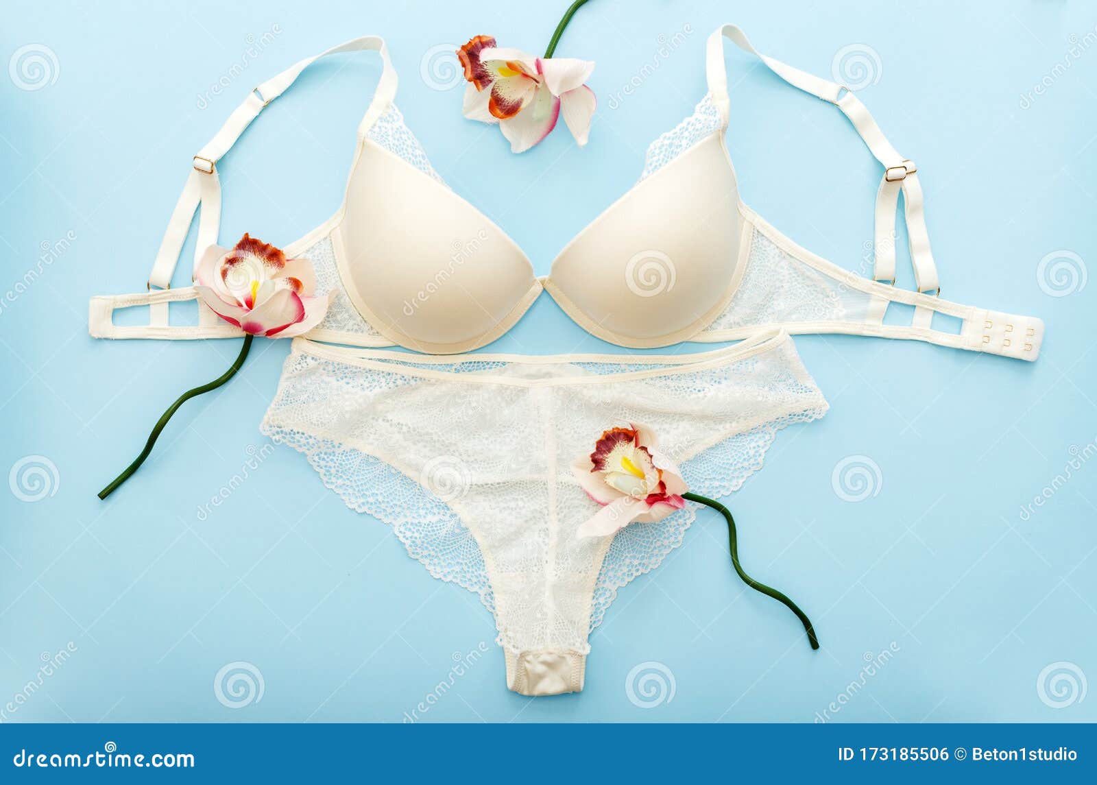 Bra and Pantie. White Lace Lingerie on Blue Background. Flat Lay