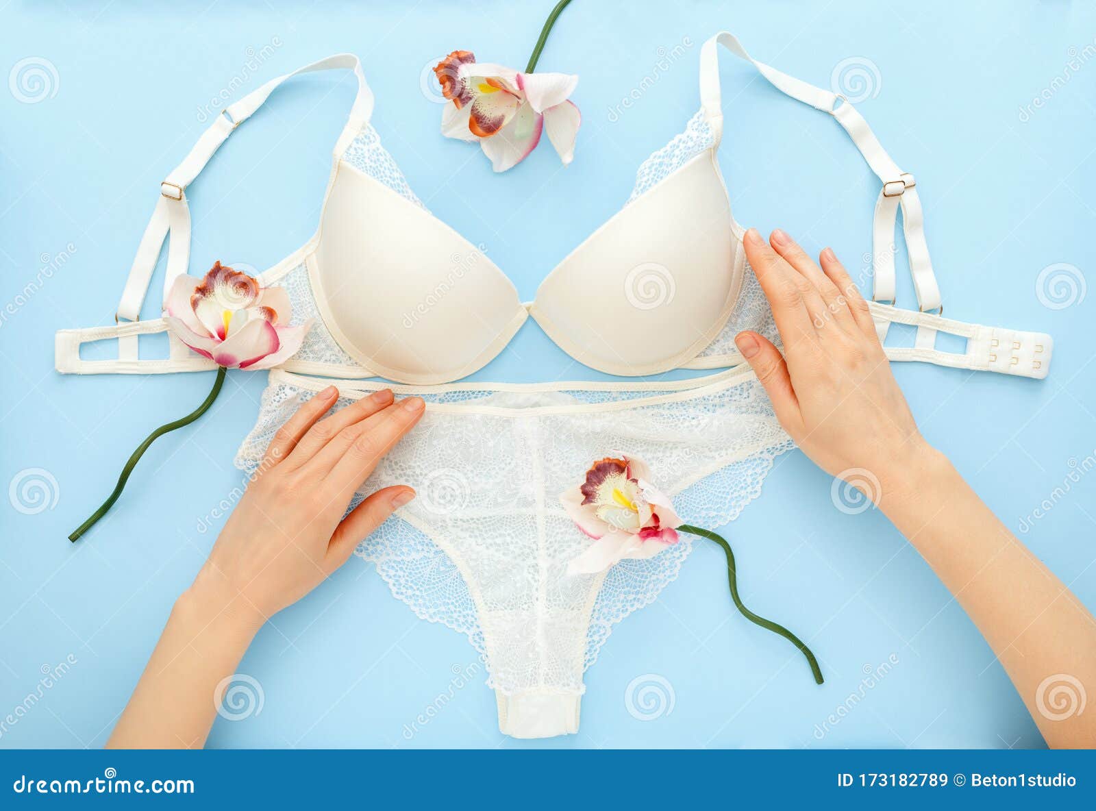 Bra and Pantie. White Lace Lingerie on Blue Background. Flat Lay