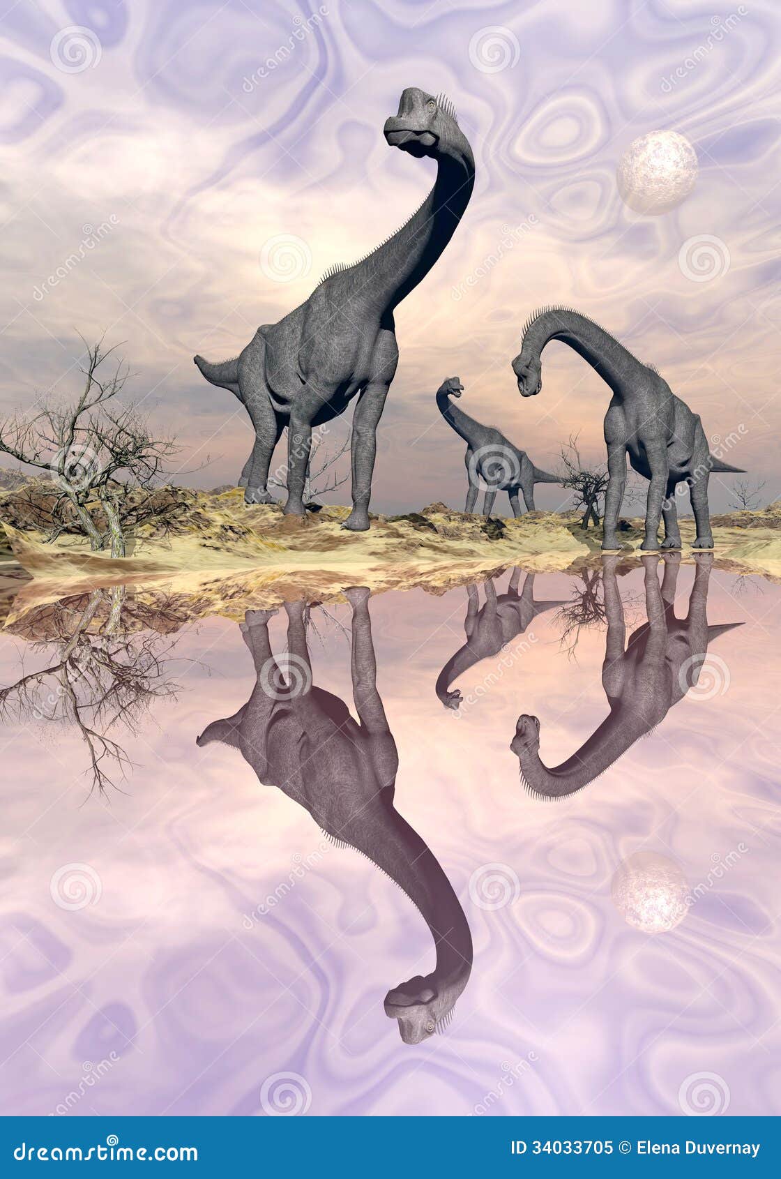 Brachiosaurus Dinosaurs Near Water 3D Render Stock Illustration