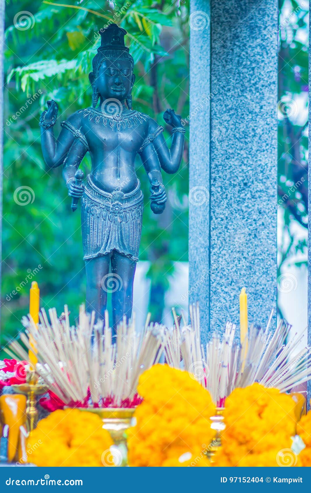Brahma Worship Ceremony with Marigold Wheel Flower and Incense S Stock