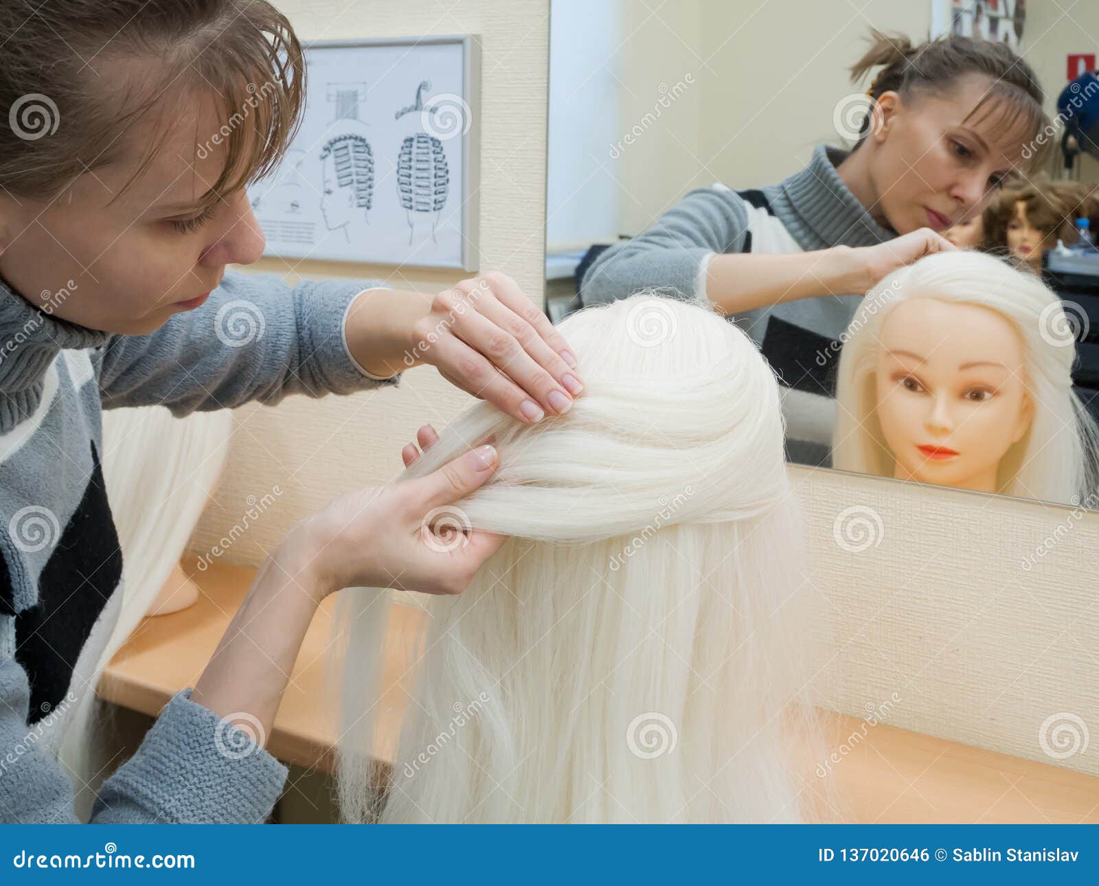 Braiding Braids on a Mannequin. Training Braiding. Stock Photo Image of closeup, lifestyle