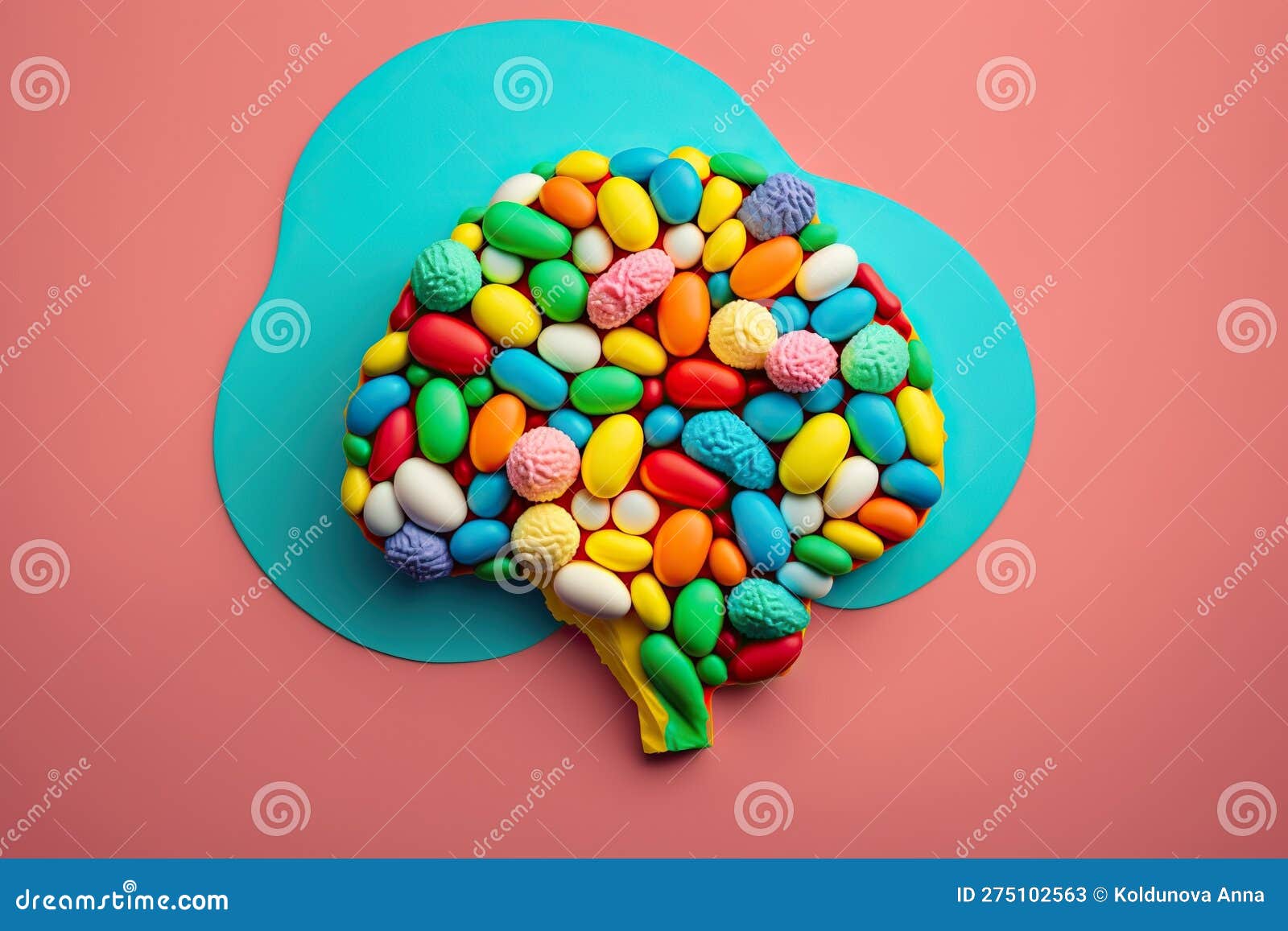 Brain Made from Candies on Bright Colored Background, Created with