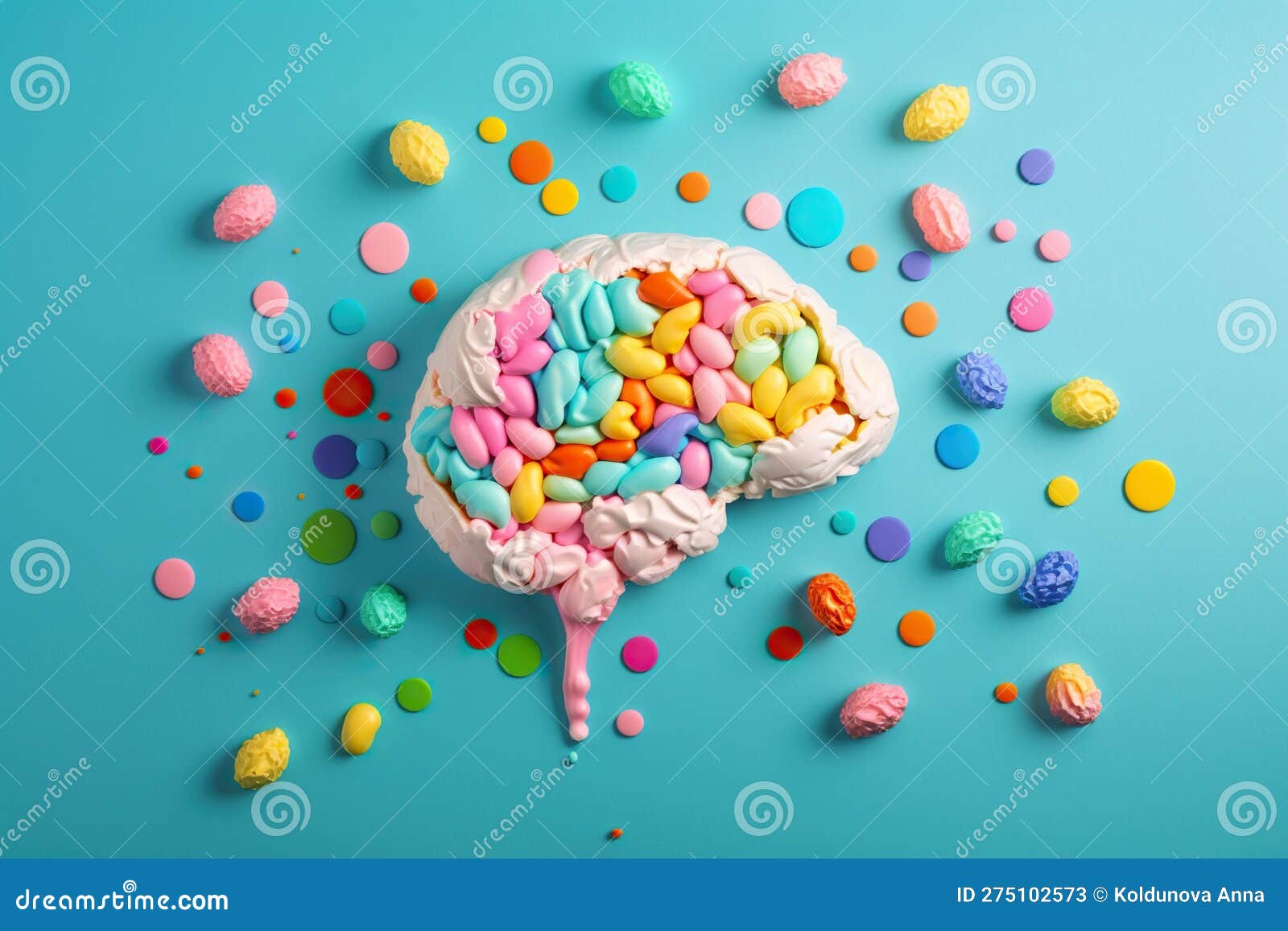 Brain Made from Candies on Bright Colored Background, Created with