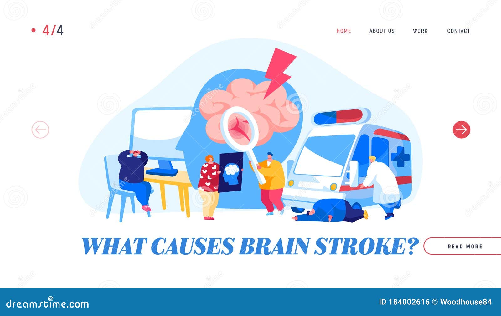brain stroke, apoplexy, insult attack landing page template. ambulance hospitalize patient character to clinic