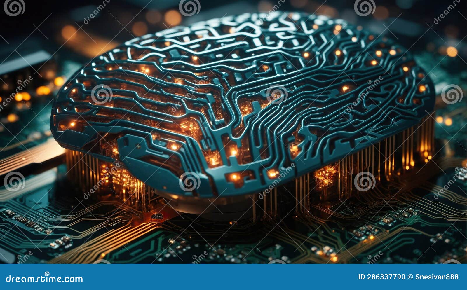 brain surrounded by circuitry on a dark circuit board background. ai generated.