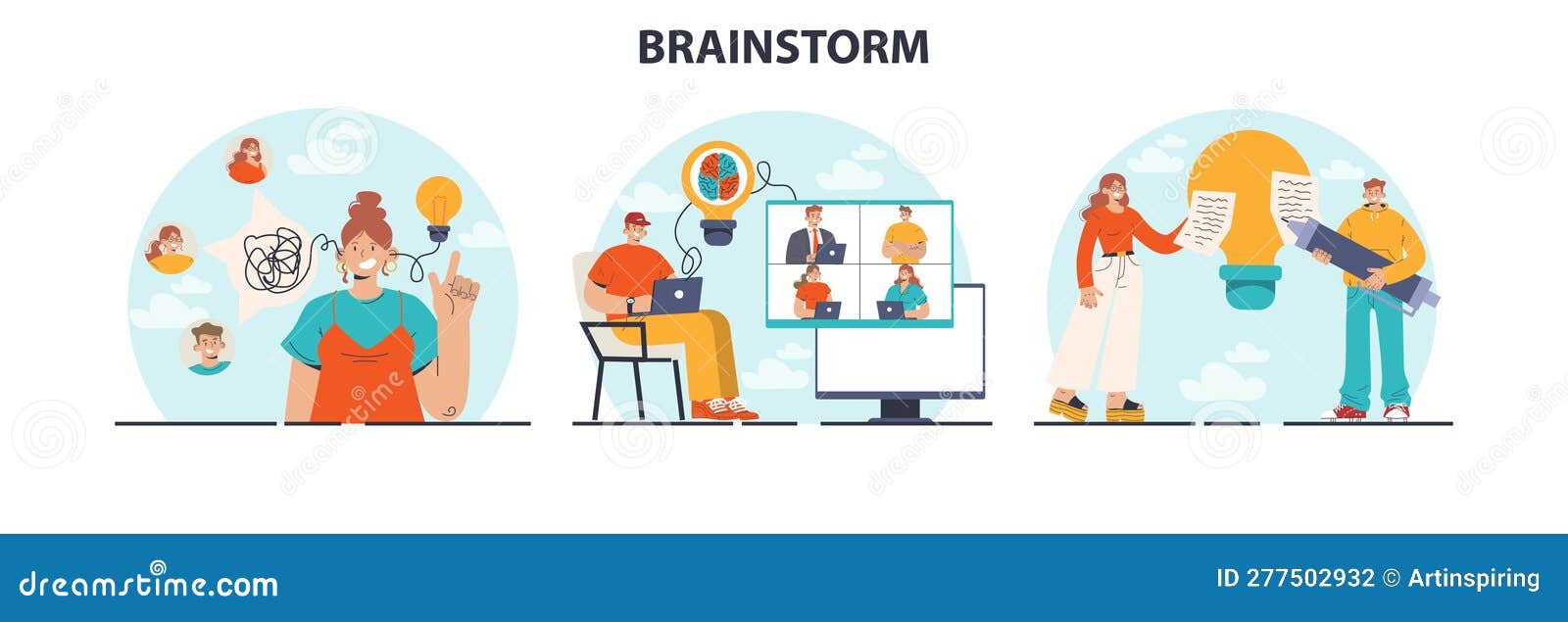 Brainstorm Set. New Idea Generation in Teamwork Discussion Stock Vector