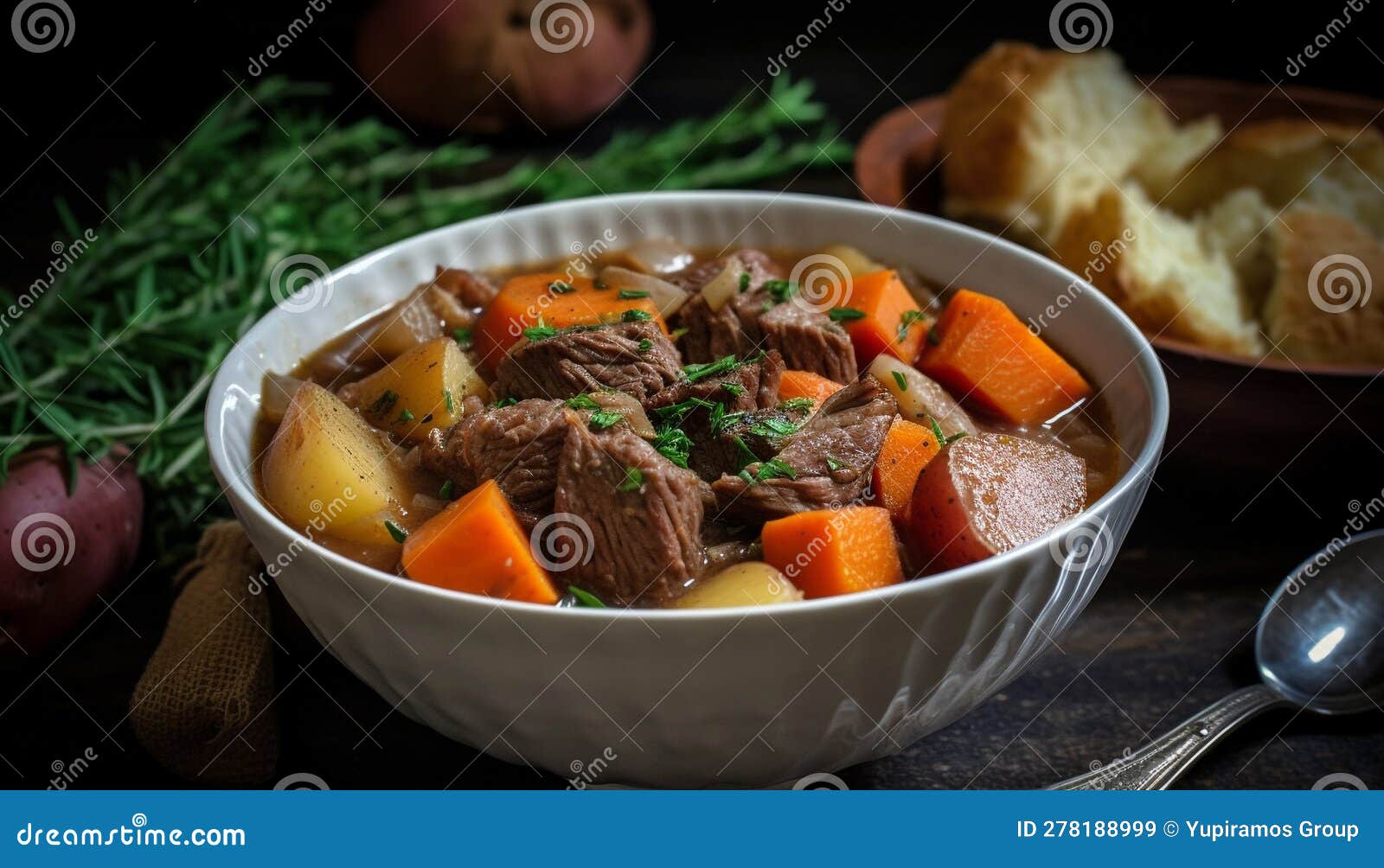 Braised Beef Stew with Fresh Vegetables and Bread Generated by AI Stock