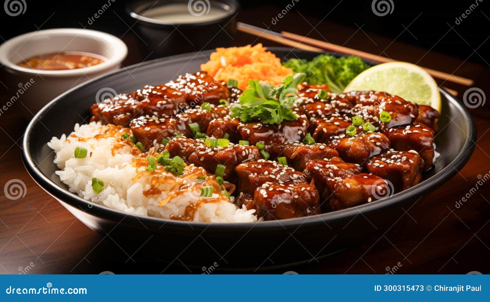 Braised Pork and Fried Tofu on Rice in a Plate on White Background