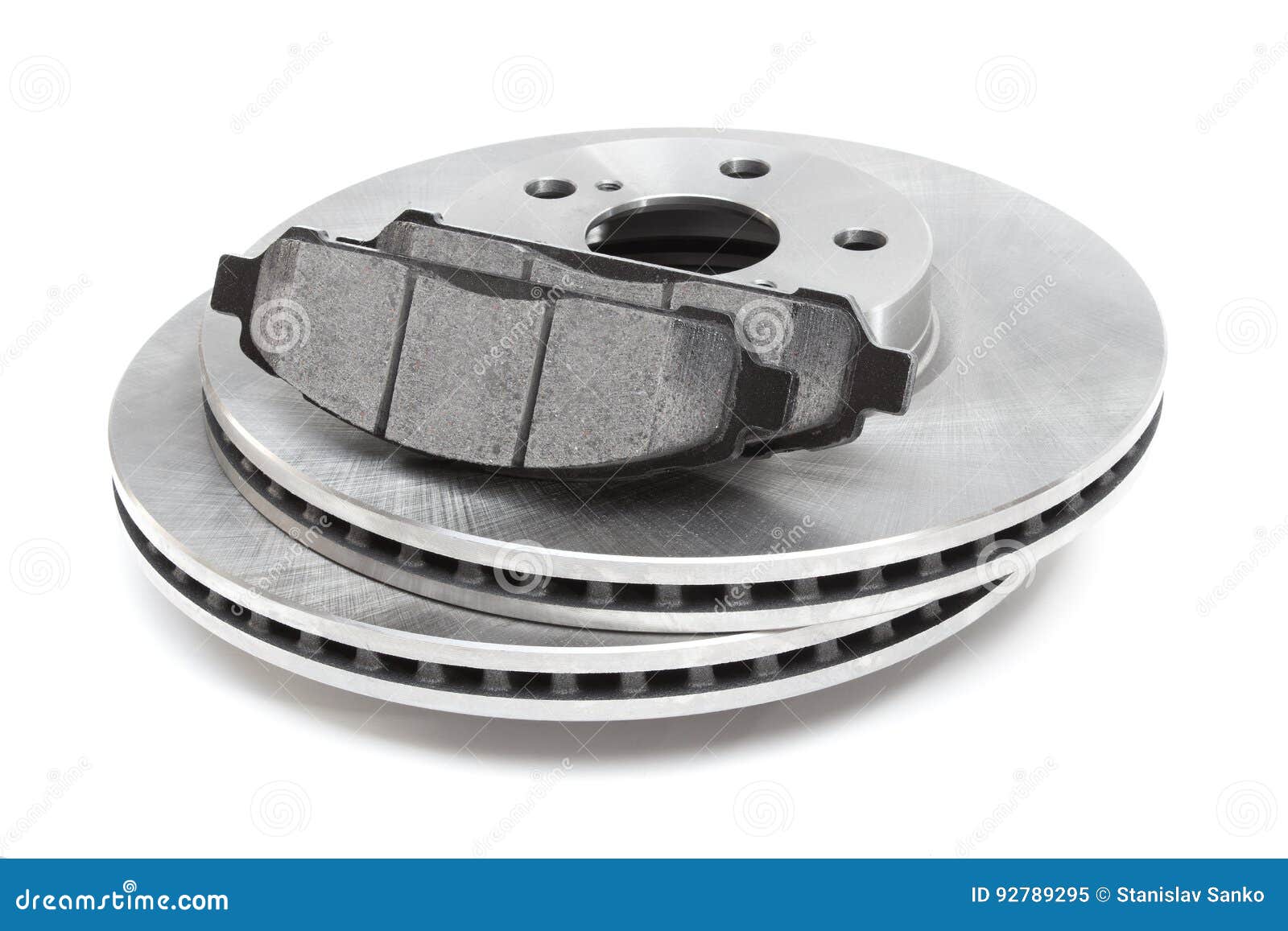 Brake discs and pads stock image. Image of object, rear 92789295
