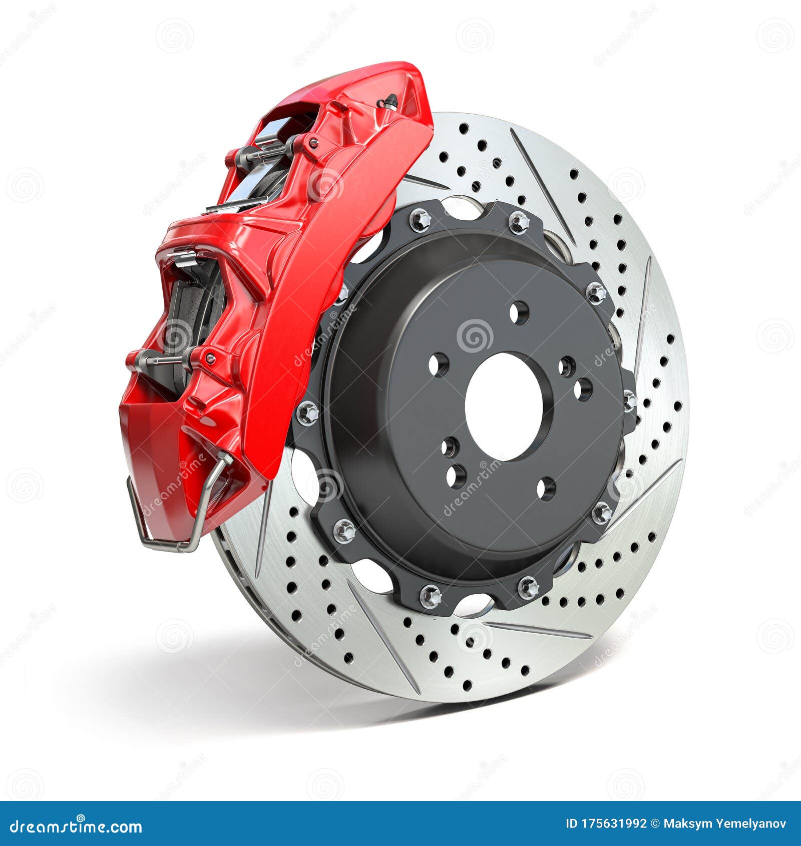 Braking System. Car Brake Disk with Caliper Isolated on White