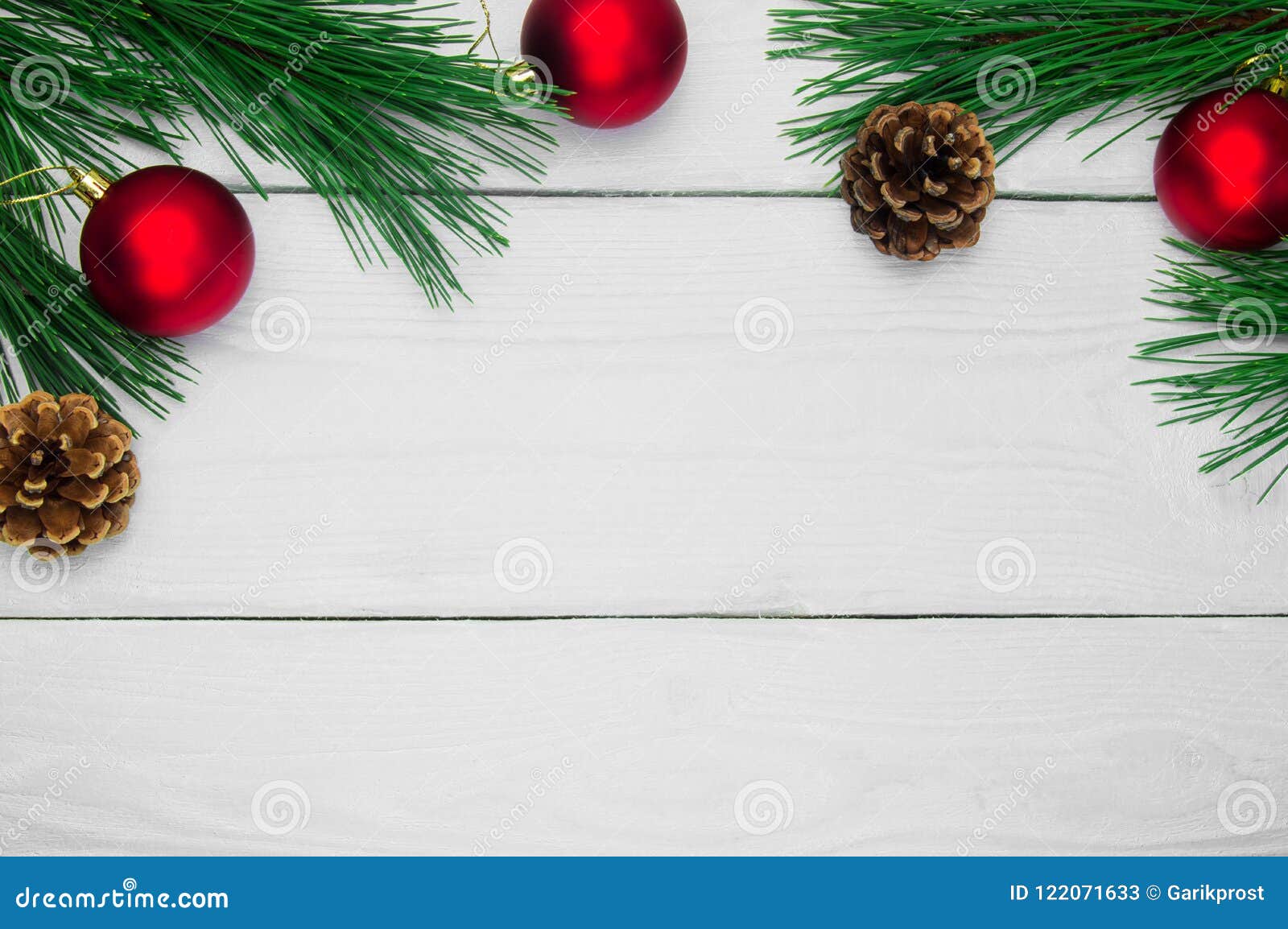 Royalty Free Stock Download Branch Christmas Tree And Red Ball With Cone White Wooden Vintage Background Stock Image