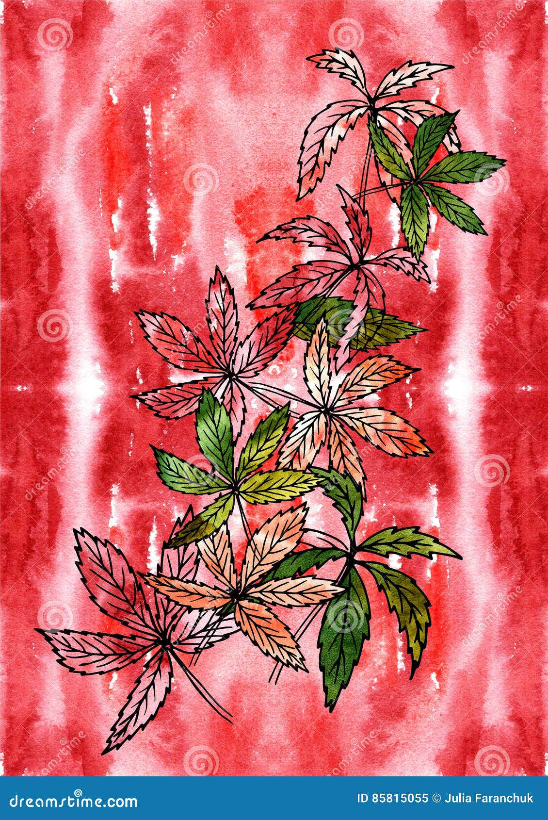 branch deciduous plants on watercolor background. hand drawing and computer processing