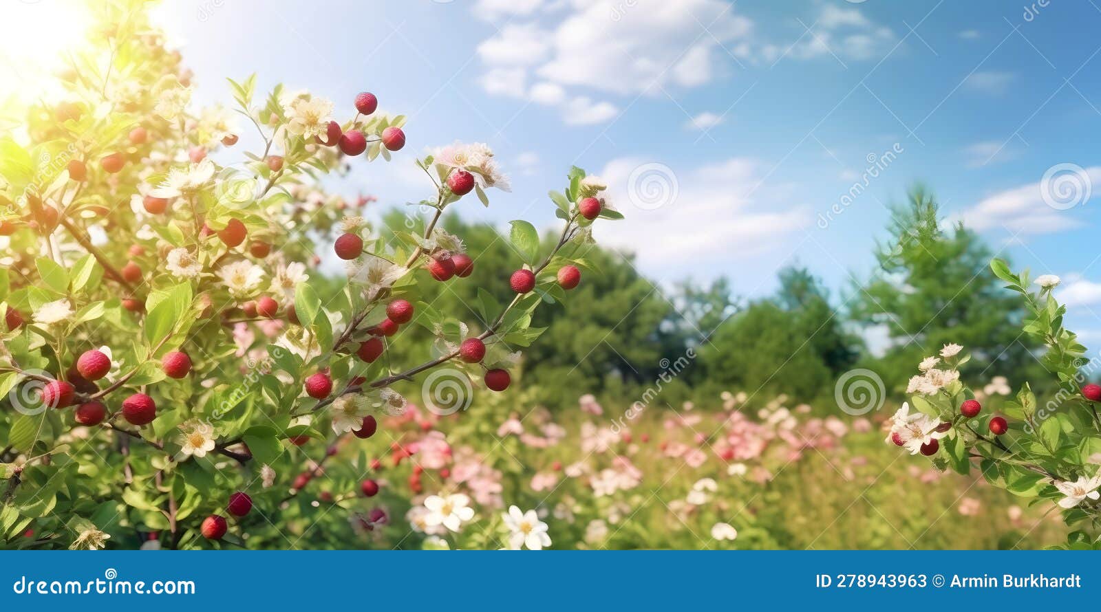 branch with red fruist on a spring evening with deep warm rays of the sun