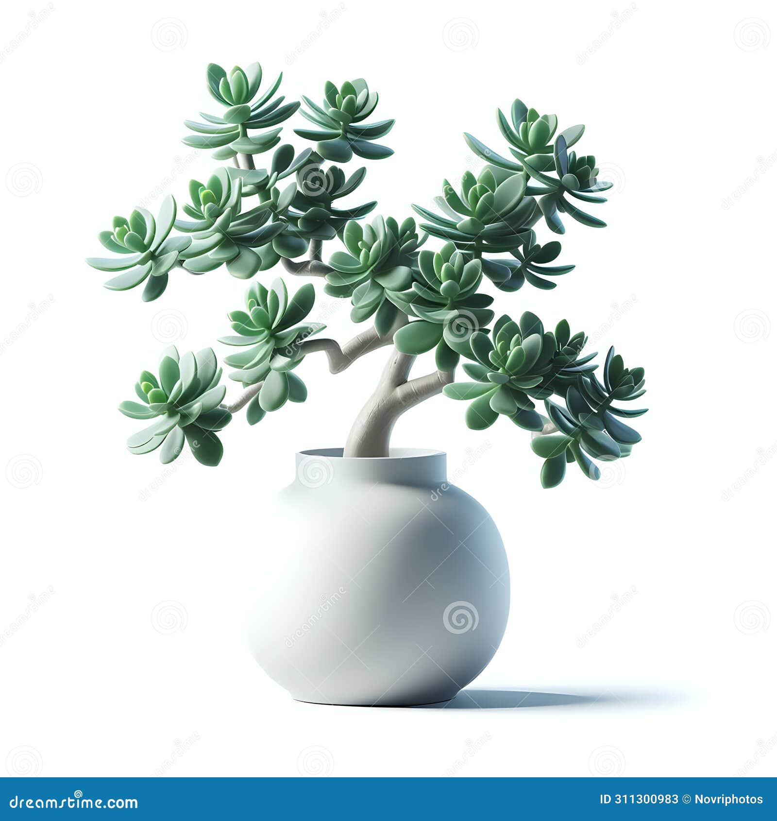 branching jade plant in white pot  on white background