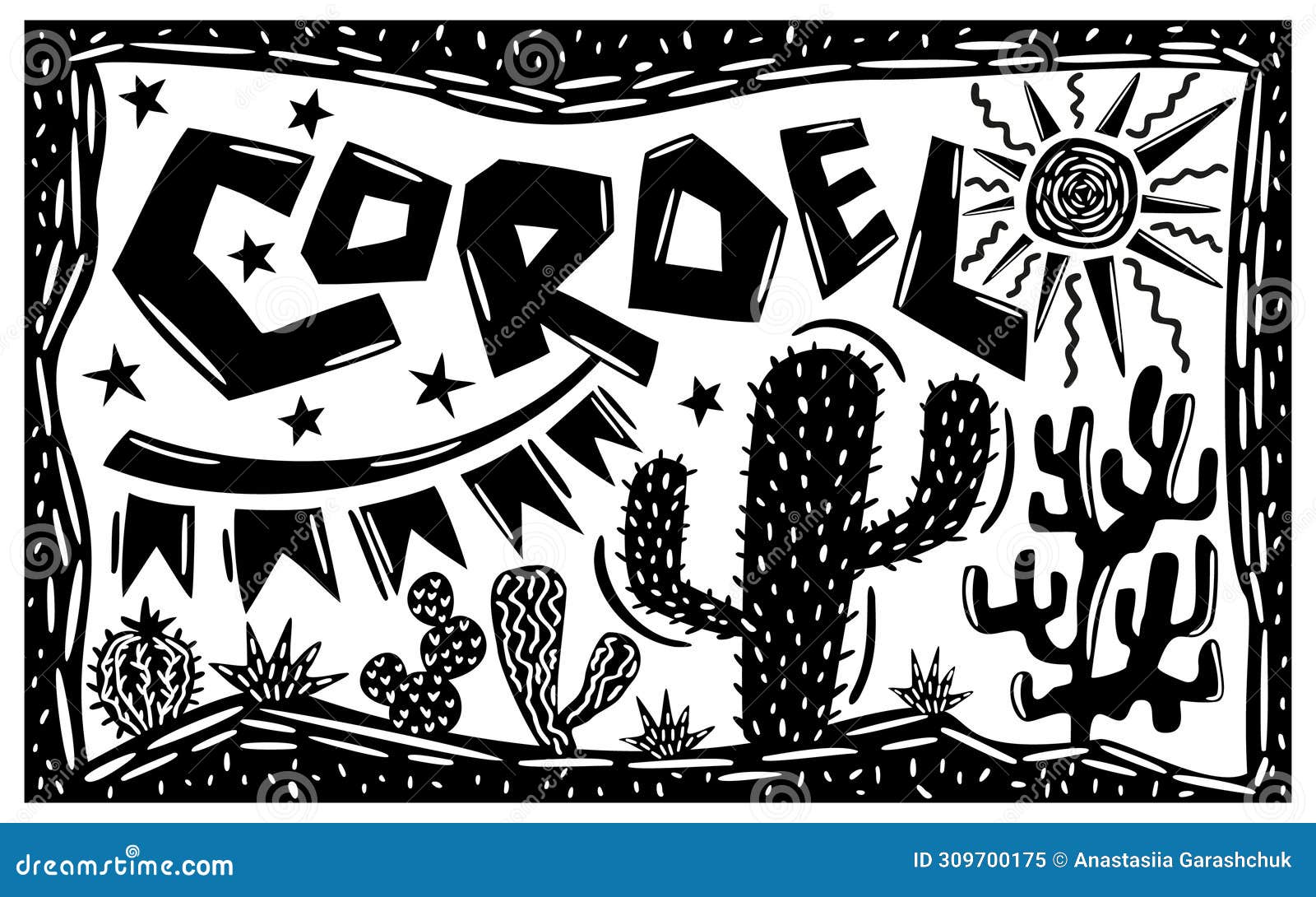 brasilian cordel style. desert landscape s. cacti, succulents, sun and stars. woodcut style