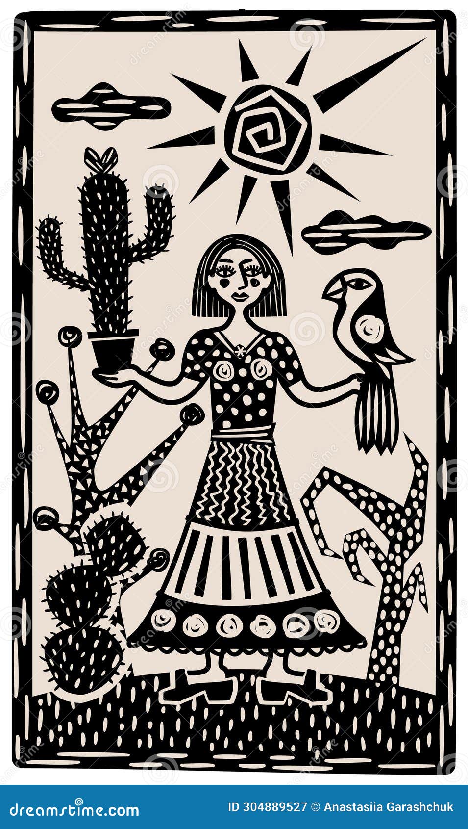 brasilian cordel style. woman with cactus and parrot. woodcut style