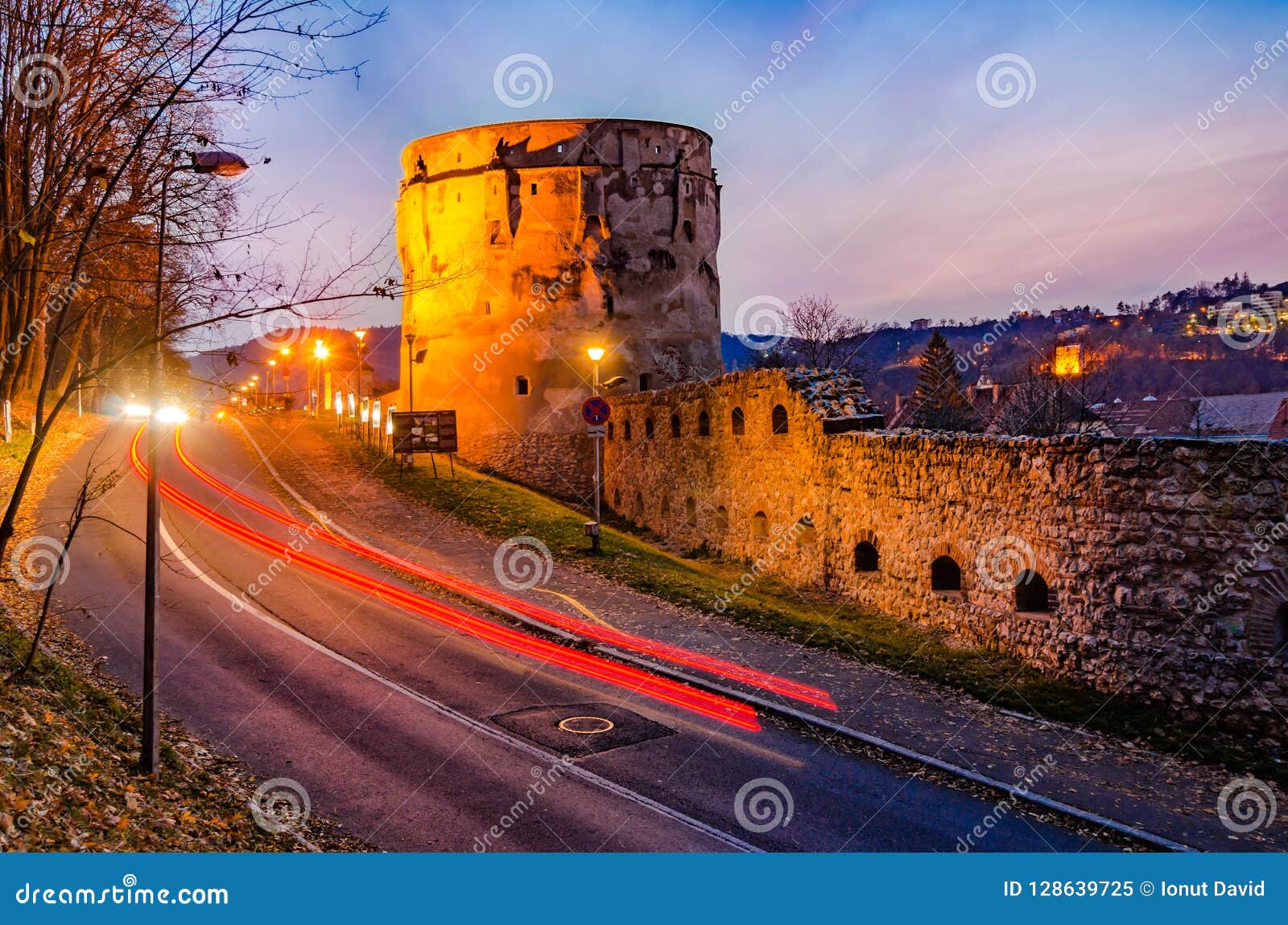 brasov, romania, the drapers` bastion: night view of the drapers