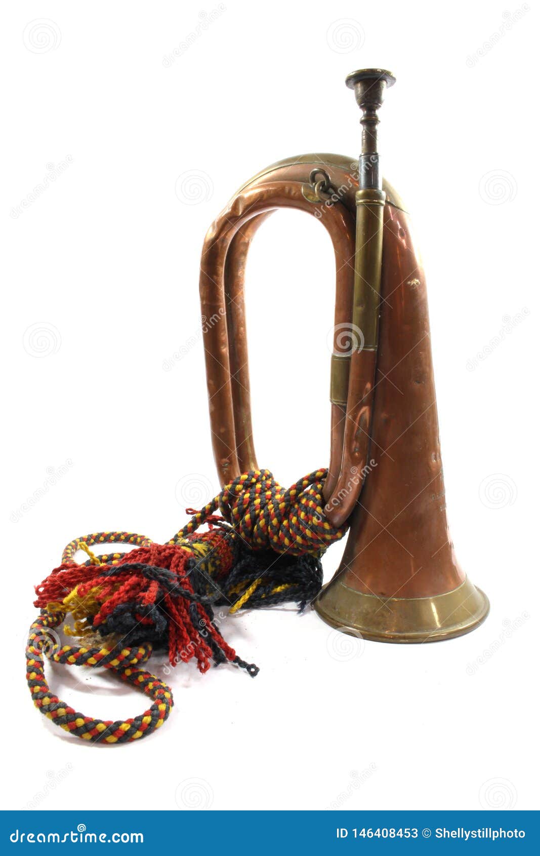 A Brass and Copper Small Bugle Instrument on White Background Stock