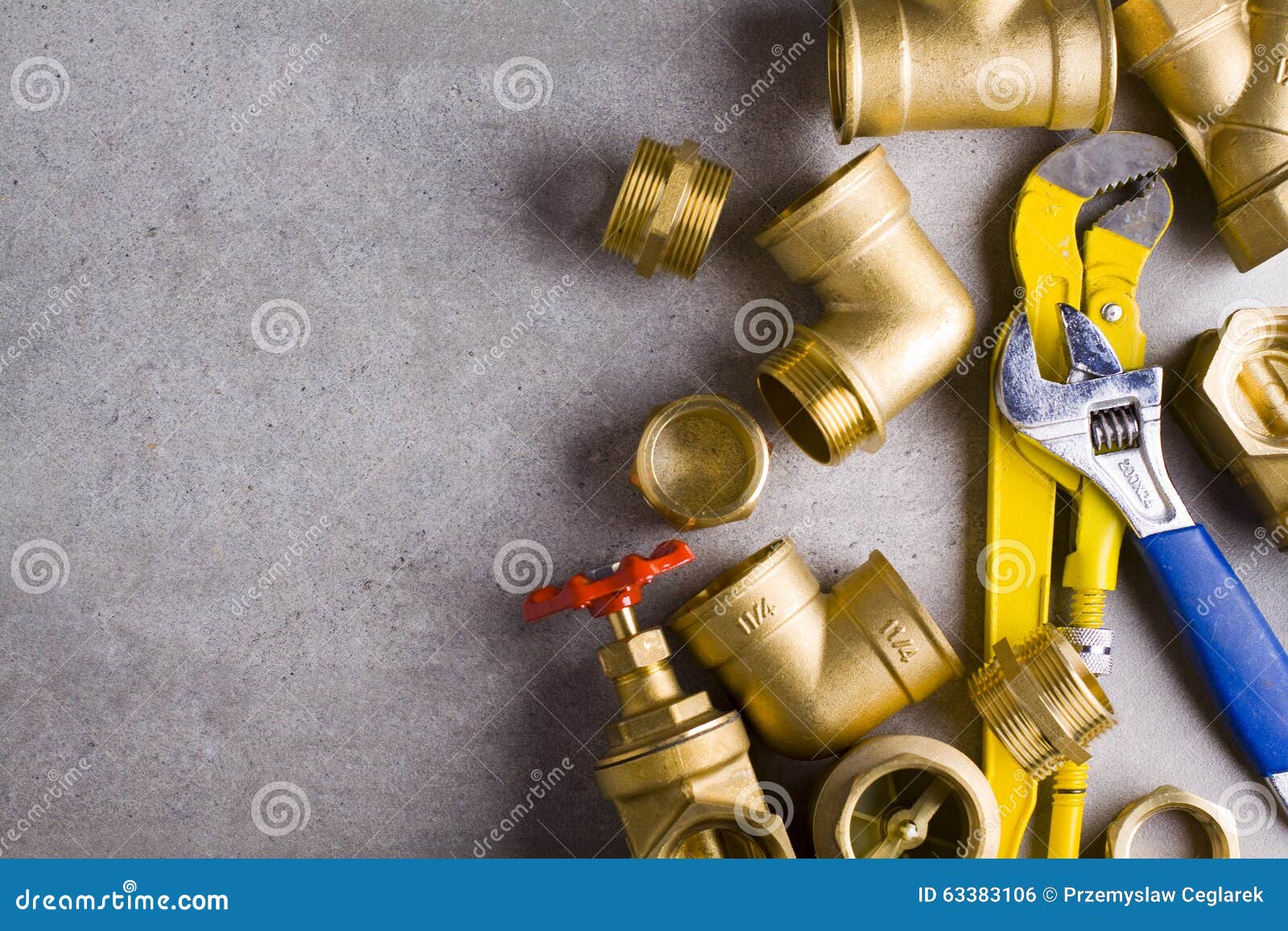 Brass fittings with wrench stock photo. Image of coupling 63383106
