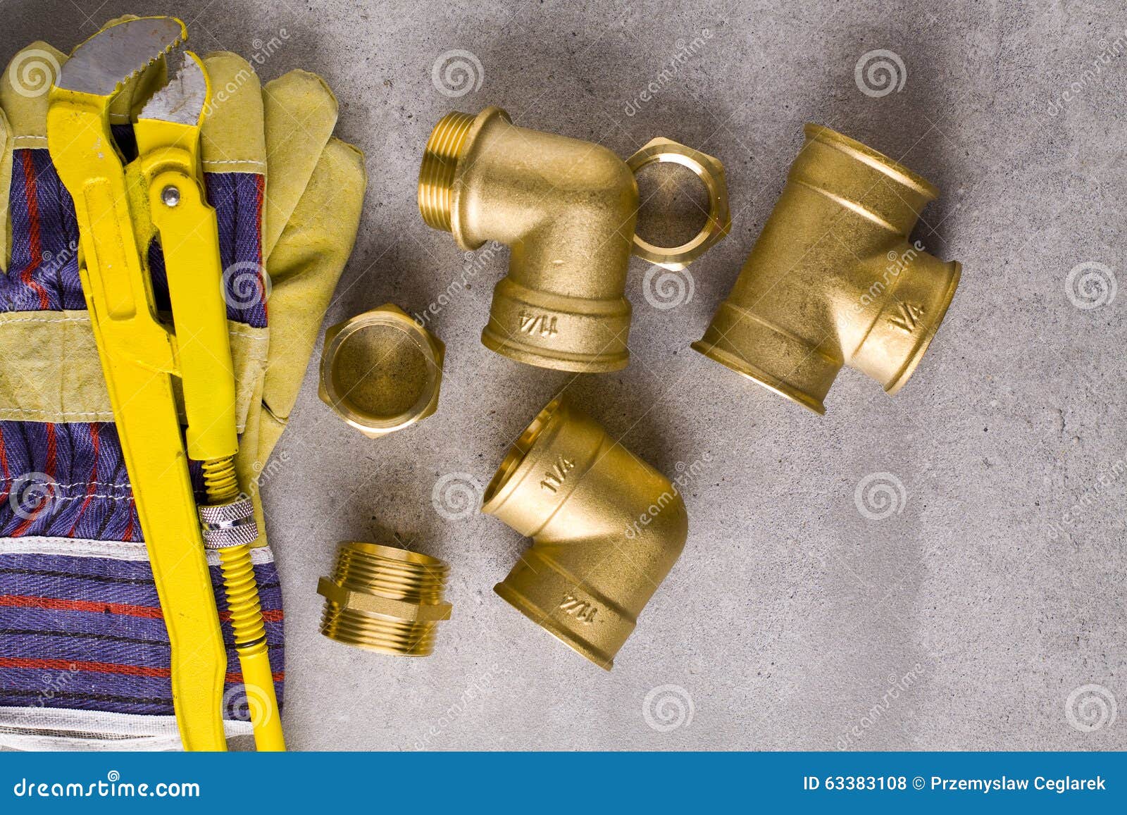 Brass fittings with wrench stock photo. Image of head 63383108