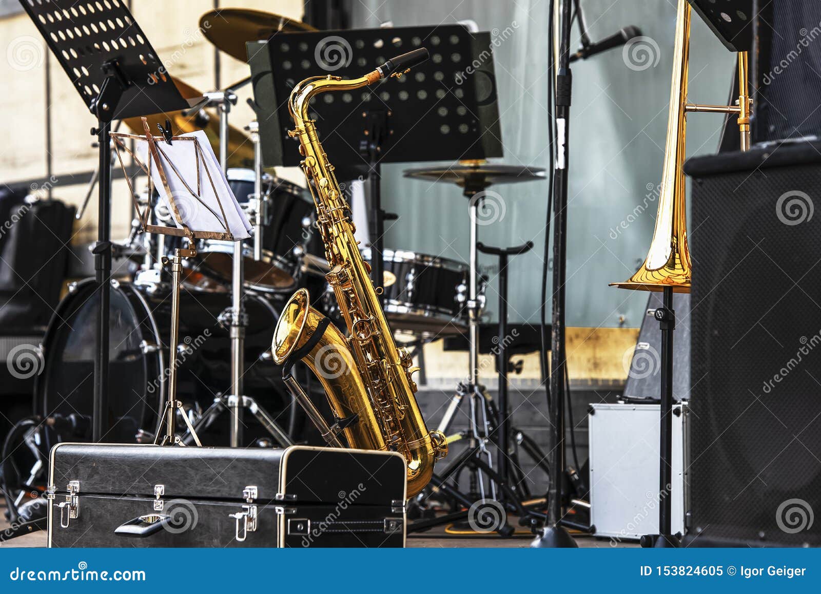 Brass Musical Instrument Saxophone on the Open Stage Stock Image