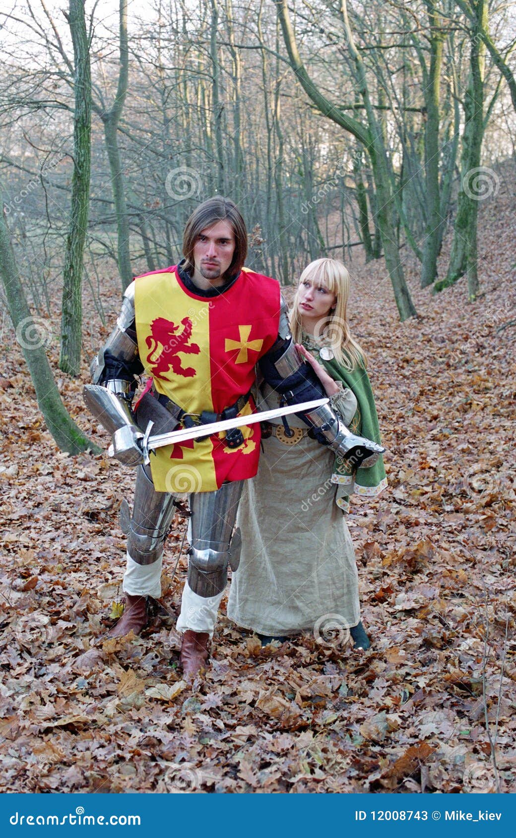 brave knight and maid in forest