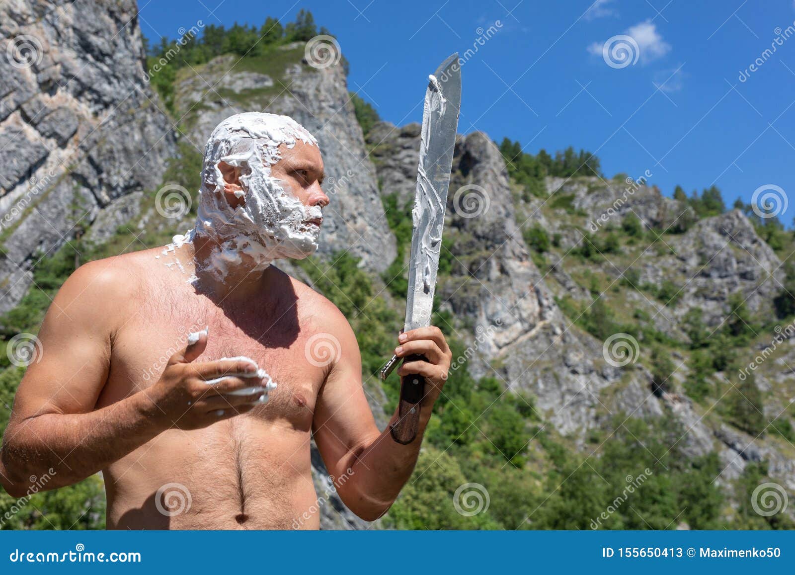 Brave Strong Man with Naked Shaves with Long Knives, Machetes in on a Hike, in Extreme Conditions Stock Image - Image of brutal, nature: 155650413