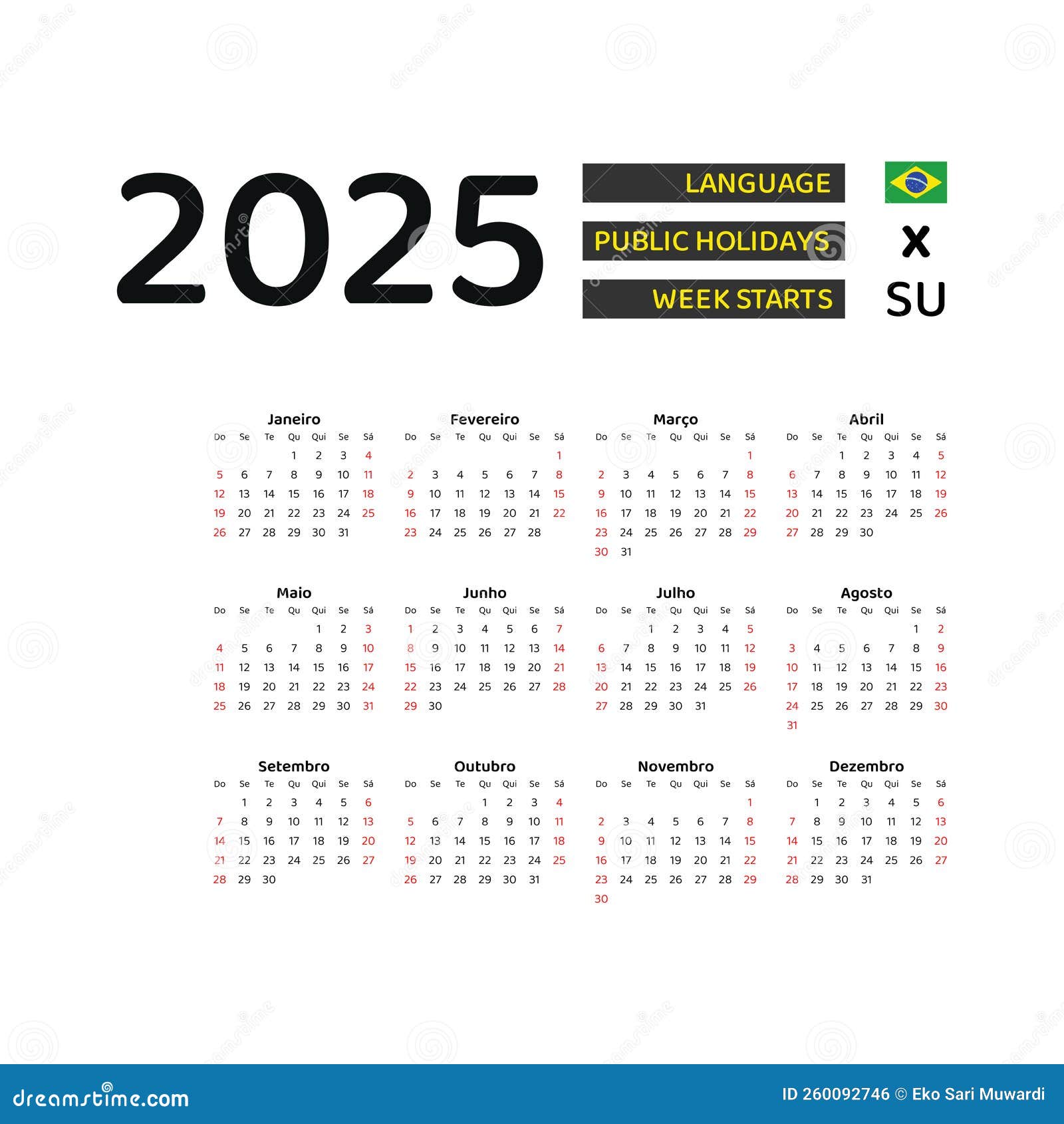 Brazil Calendar 2025. Week Starts from Sunday. Vector Graphic Design