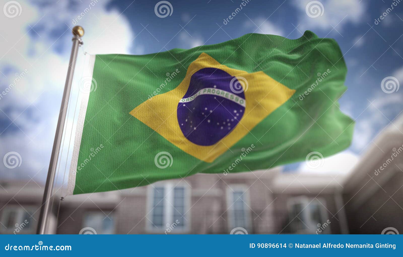 brazil flag 3d rendering on blue sky building background