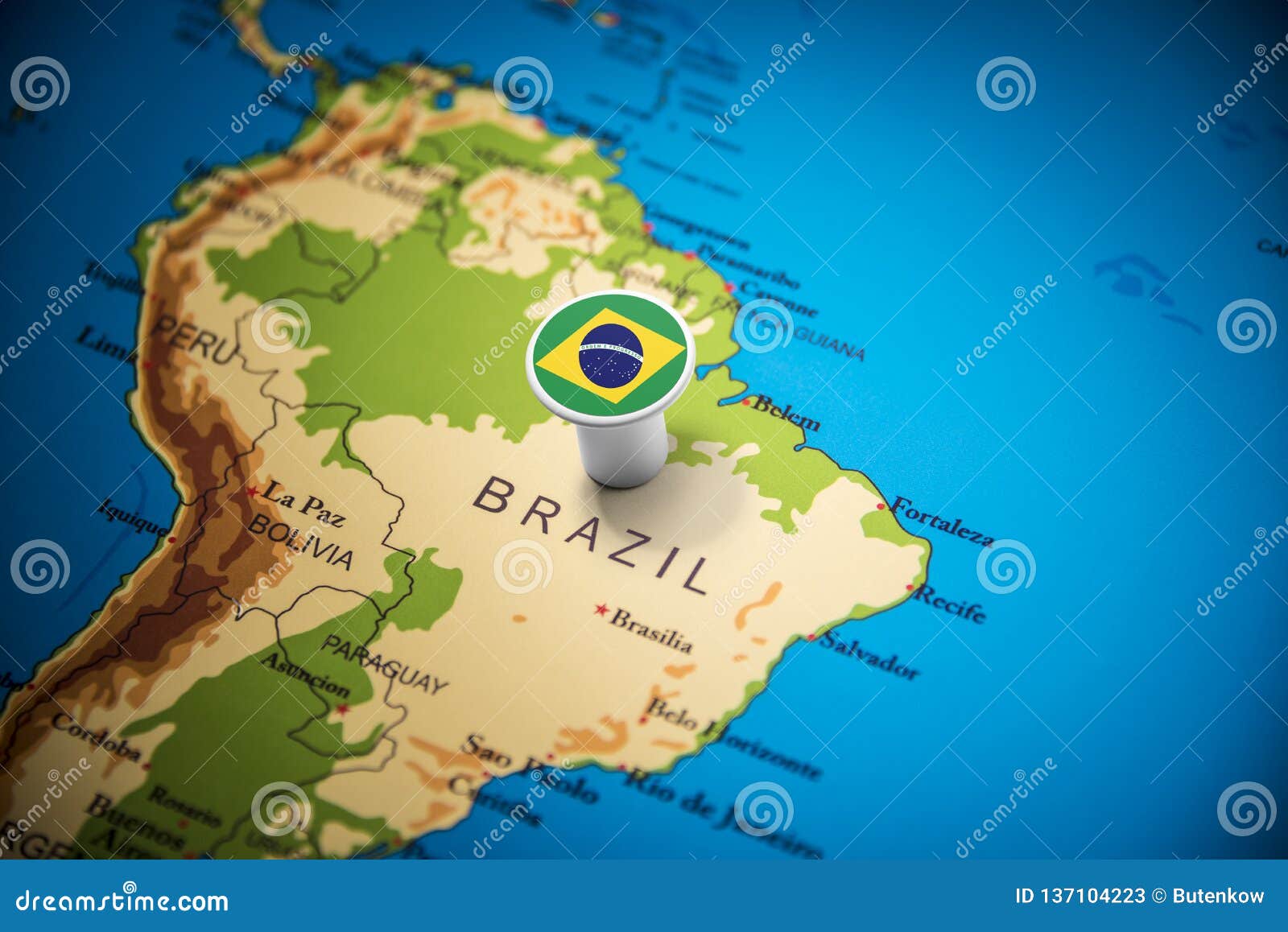 brazil marked with a flag on the map